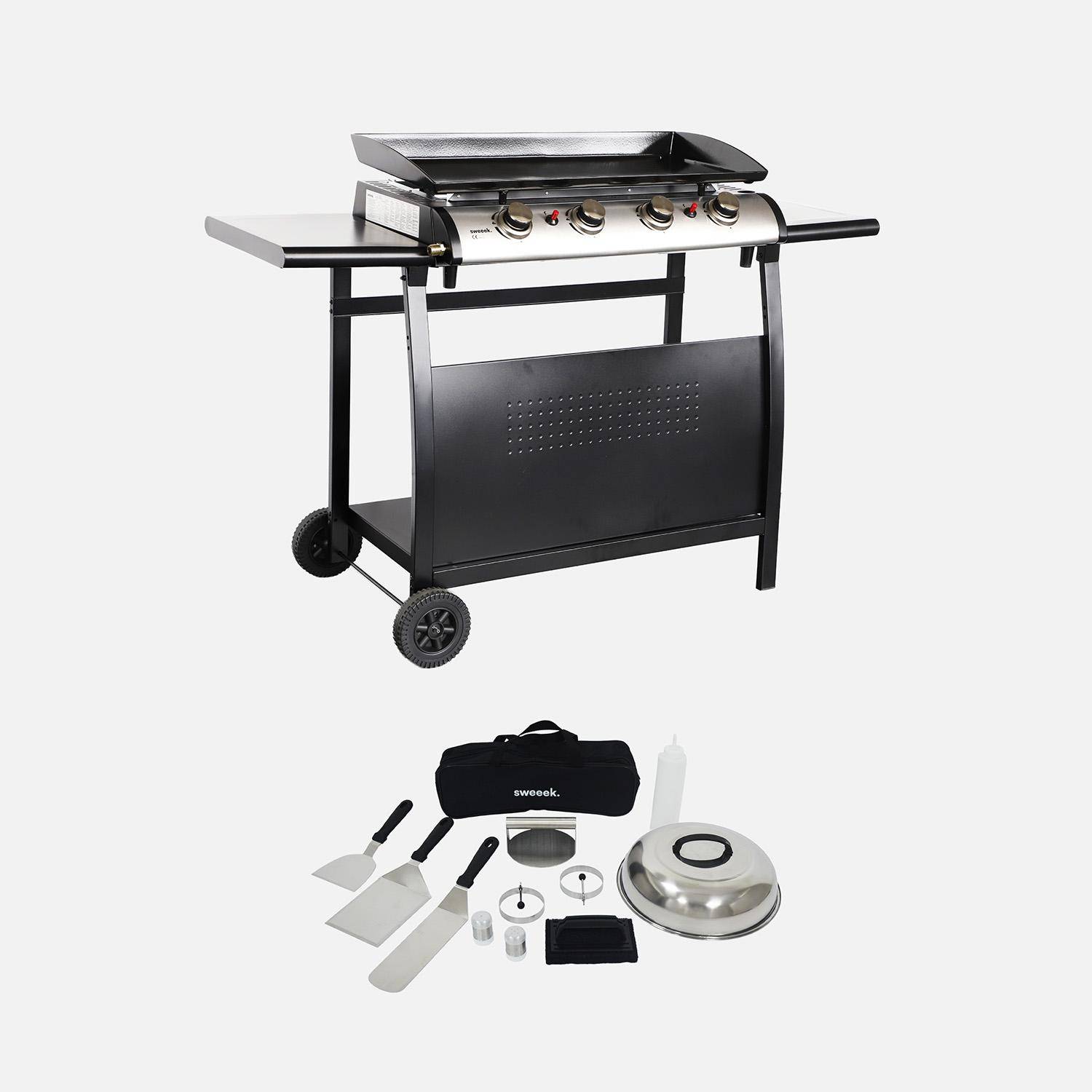 Plancha au gaz 4 brûleurs sur chariot - Porthos - 10kW, plancha à gaz avec desserte et ustensiles,sweeek,Photo1