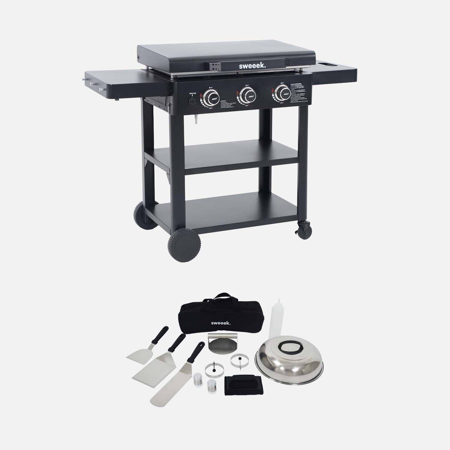 Plancha a gas 3 bruciatori acciaio inossidabile 12kW con carrello e utensili, Raoul, Nero, 107.5x53.5x94.5 cm,sweeek,Photo1