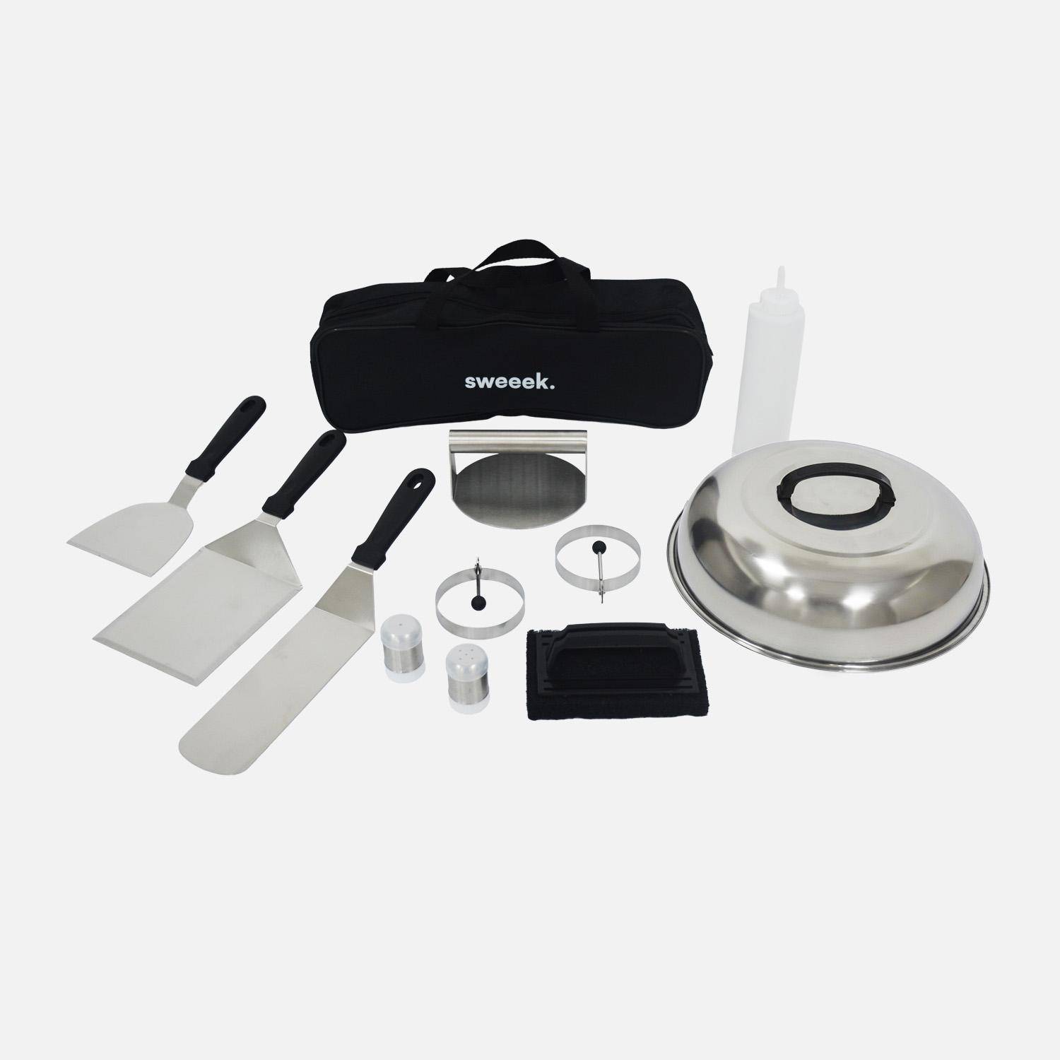 Braciere barbecue Ø81,5cm con griglia di cottura, spazio di stoccaggio, coperchio e utensili, Mombacho, Nero, 81.5x81.5x113 cm,sweeek,Photo2