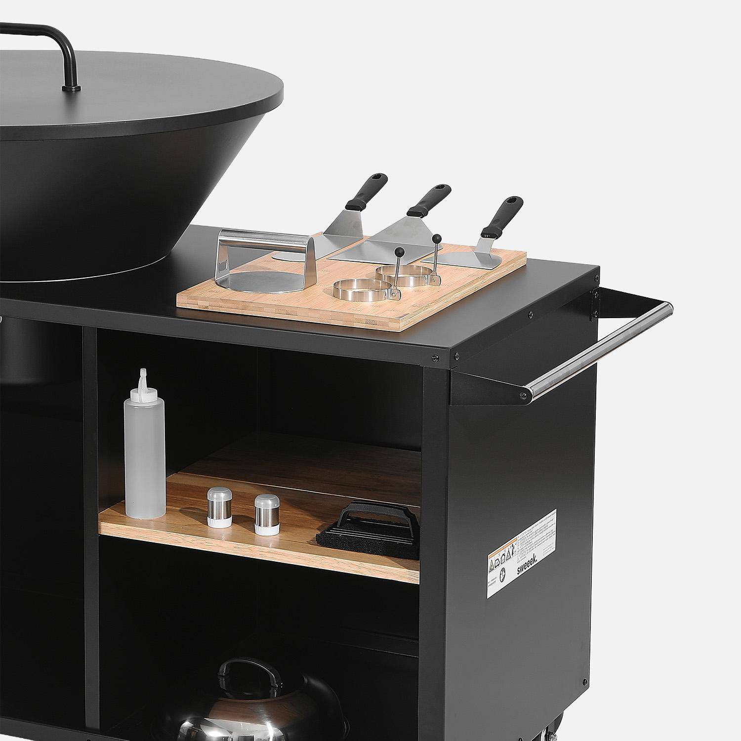 Brasero barbacoa, carrito con espacios de almacenamiento, tapa y utensilios, Ø80cm Negro - 138x82x104 cm,sweeek,Photo3