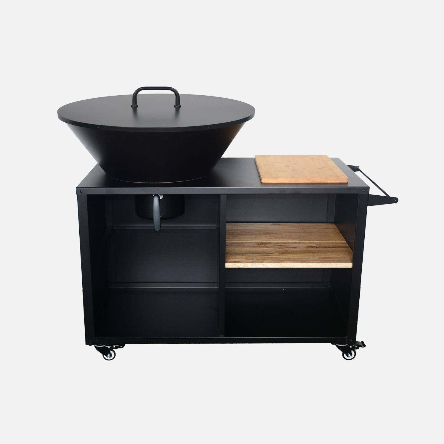 Braciere barbecue Ø80cm, carrello con spazi di stoccaggio, coperchio e utensili, Stromboli, Nero, 138x82x104 cm Photo3