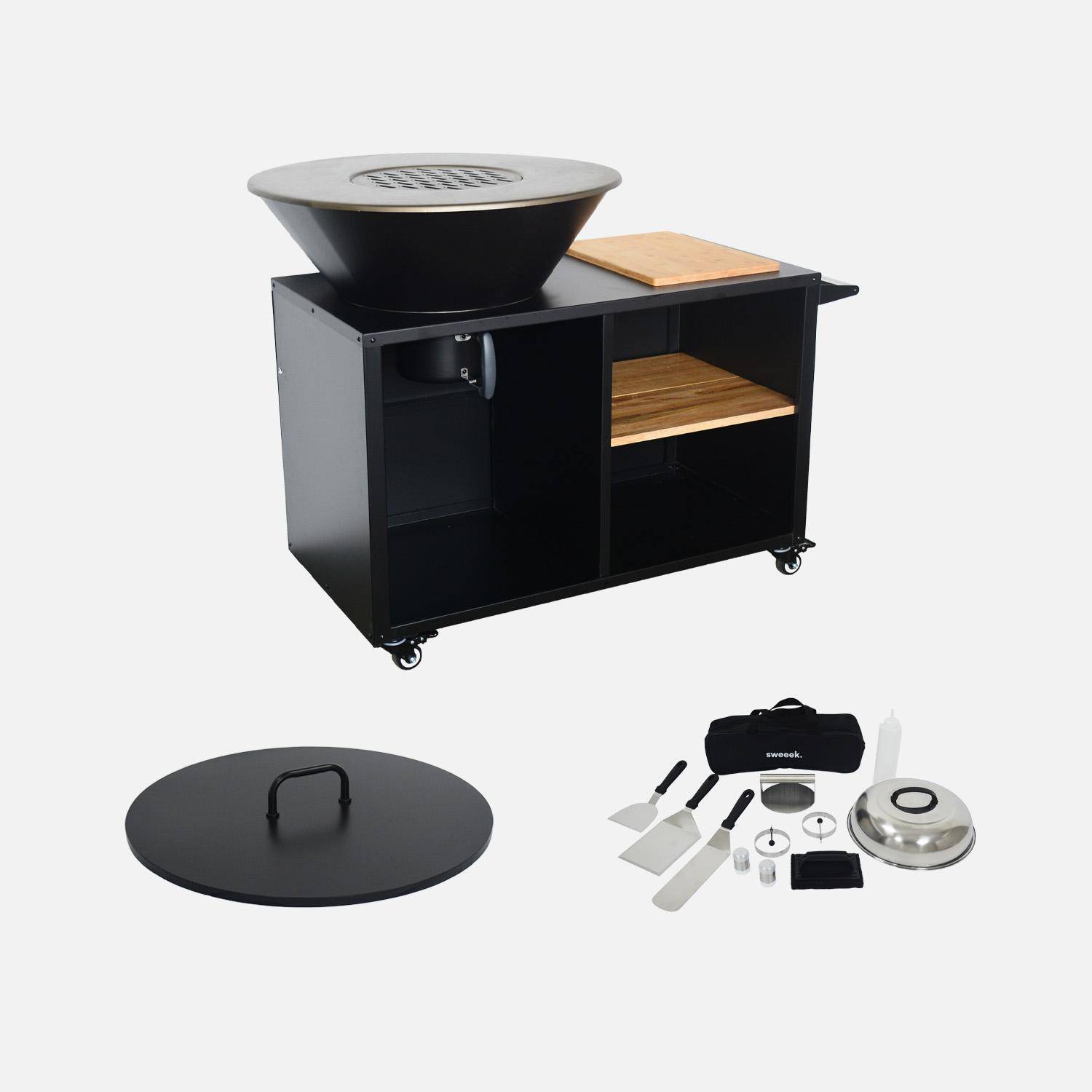 Braciere barbecue Ø80cm, carrello con spazi di stoccaggio, coperchio e utensili, Stromboli, Nero, 138x82x104 cm Photo1