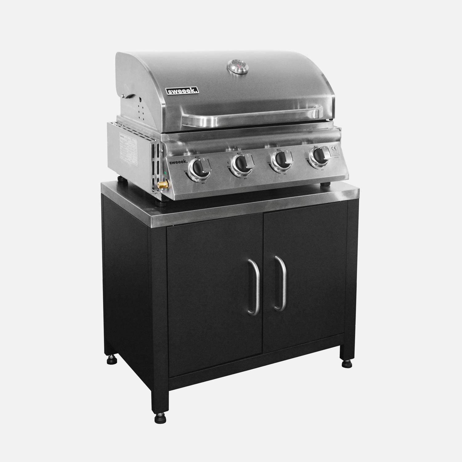 Barbecue à gaz avec 4 brûleurs à poser avec récupérateur de graisse + Meuble de cuisine extérieure en acier L80cm Photo1