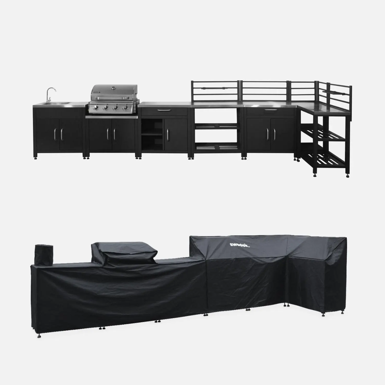 Modulo cucina da esterno con barbecue a 4 bruciatori in acciaio e copertura, 7 moduli Argento - 128.5x448.5x124 cm Photo1