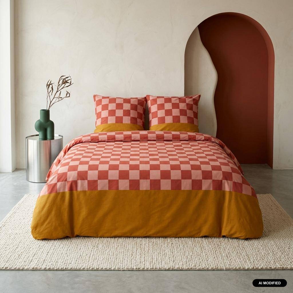 Juego de cama de algodón con estampado de damero, 2 plazas rojo y naranja - 240x220x0.5 cm Photo1