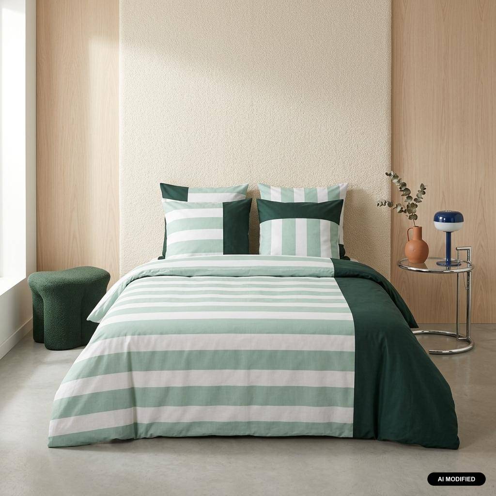 Parure de lit coton motifs rayures 2 places blanc et vert 240 x 220cm - Tendora Photo1