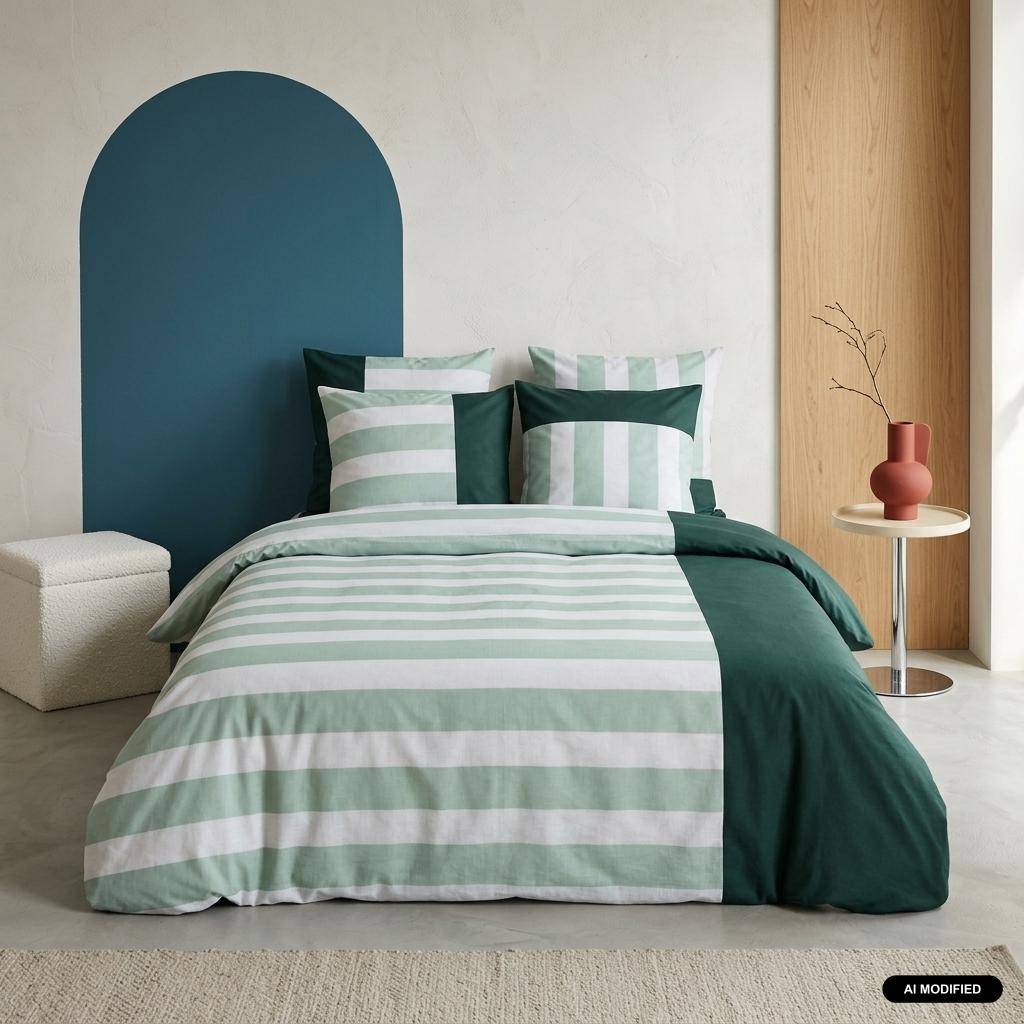 Parure de lit coton motifs rayures 2 places blanc et vert 260 x 240cm - Tendora Photo1