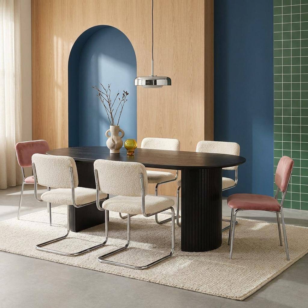 Mesa de comedor oblonga de madera de hevea y chapa de roble de 6 a 8 plazas Negro - 200x90x75 cm Photo1