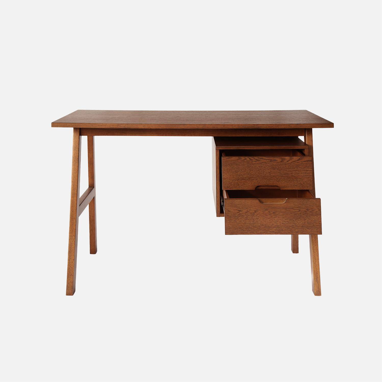 Bureau bois d'hévéa et placage chêne 2 tiroirs noyer - Alana Photo3