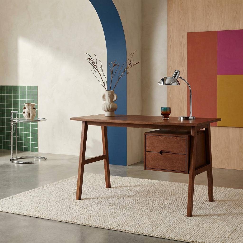 Desk with 2 drawers hevea wood and oak veneer walnut 120x57x76 cm - Alana Photo1