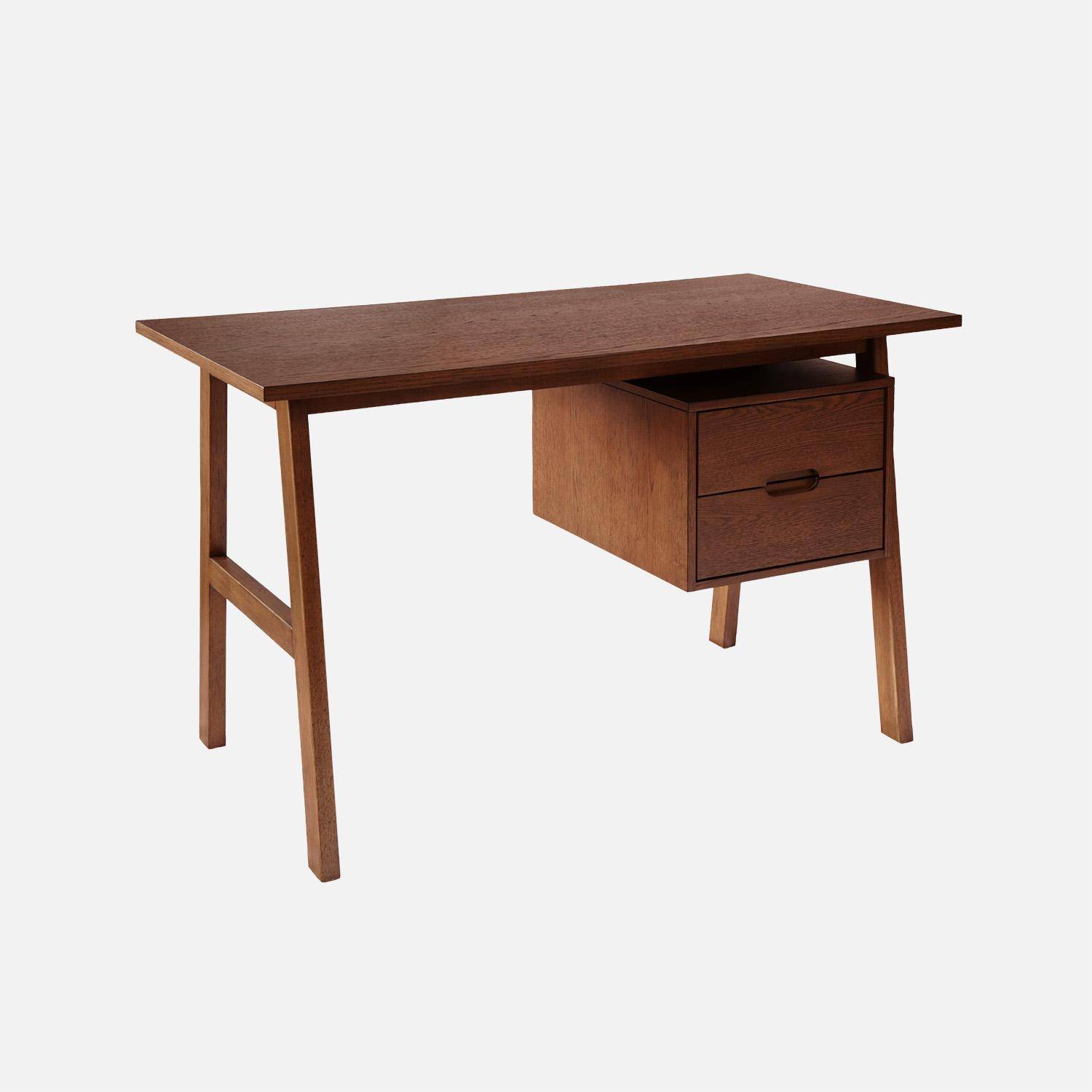 Bureau bois d'hévéa et placage chêne 2 tiroirs noyer - Alana Photo1