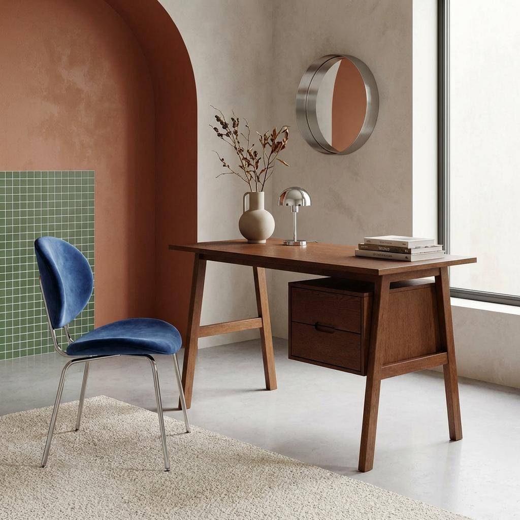 Desk with 2 drawers hevea wood and oak veneer walnut 120x57x76 cm - Alana Photo2