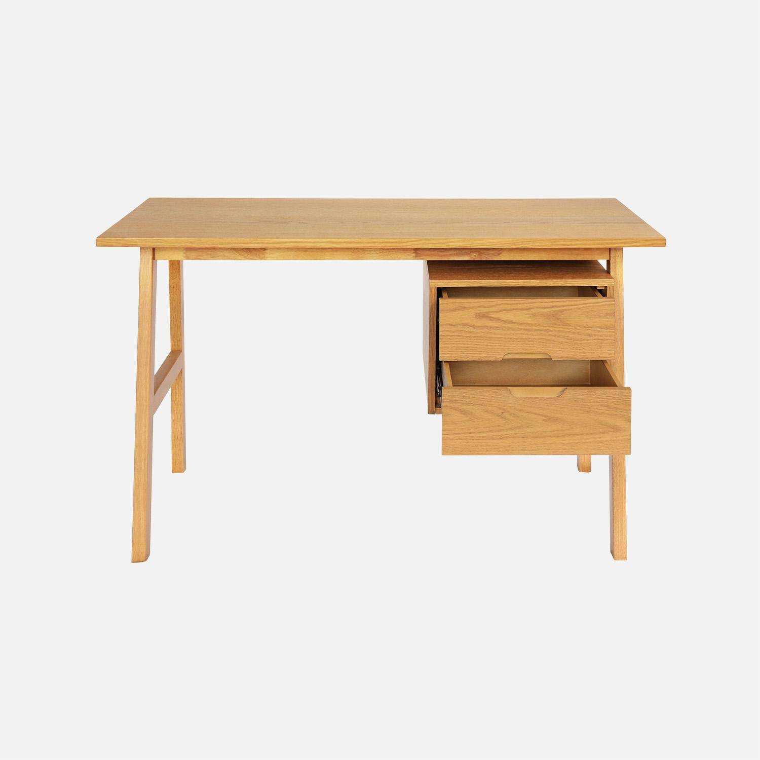 Bureau bois d'hévéa et placage chêne 2 tiroirs naturel - Alana,sweeek,Photo3