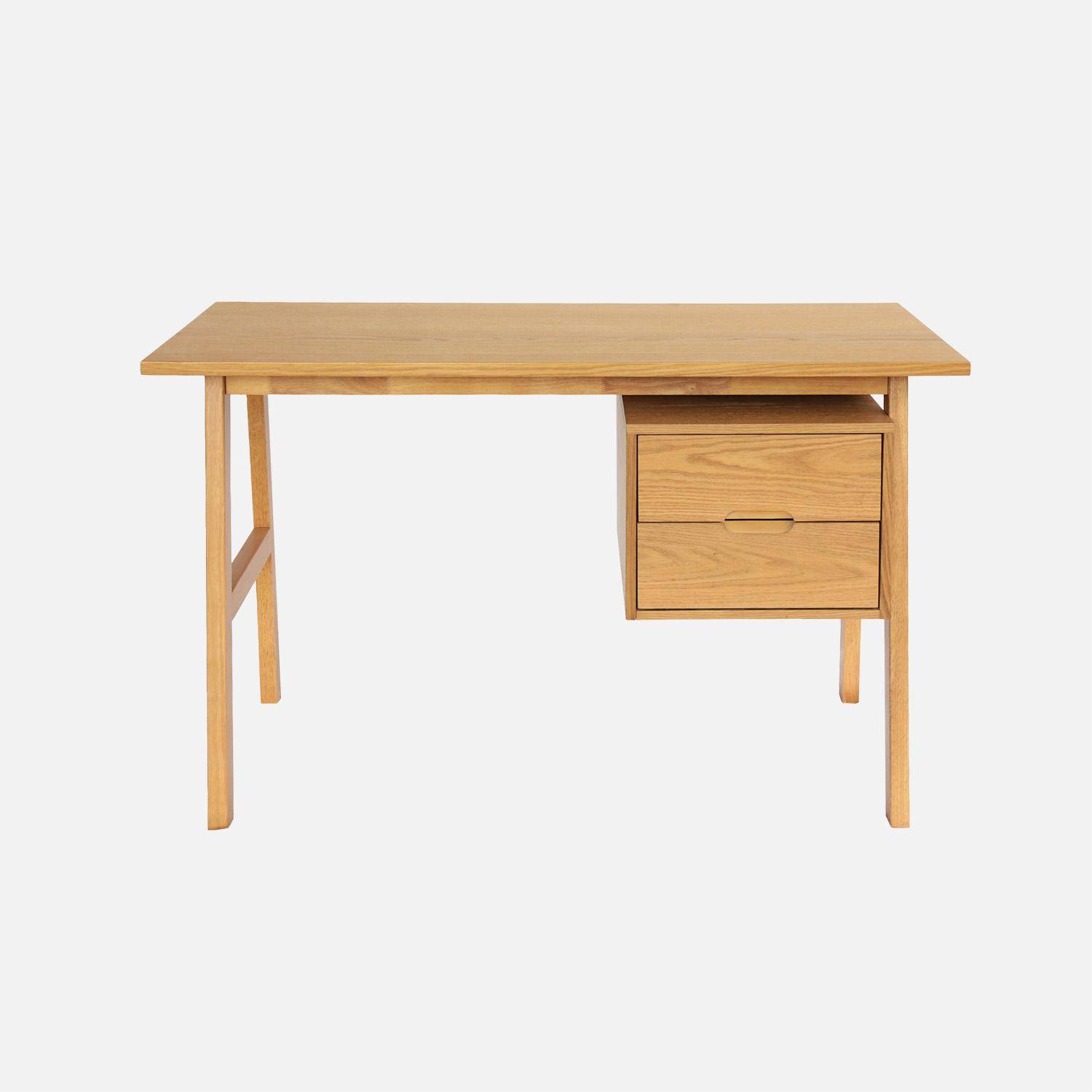 Bureau bois d'hévéa et placage chêne 2 tiroirs naturel - Alana Photo2