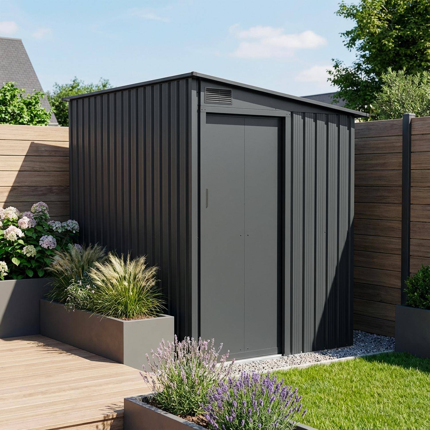 Abri de jardin adossable acier galvanisé 2,91m² avec porte coulissante et kit d'ancrage anthracite - Bray Photo1
