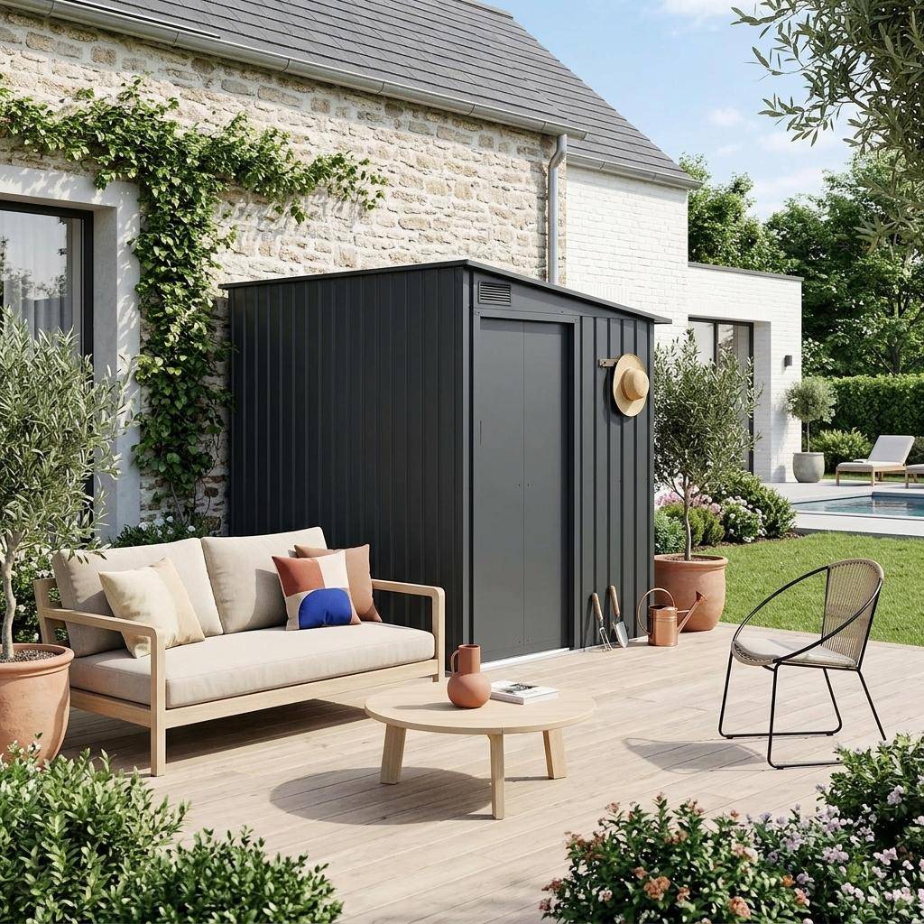 Abri de jardin adossable acier galvanisé 2,91m² avec porte coulissante et kit d'ancrage anthracite - Bray Photo1