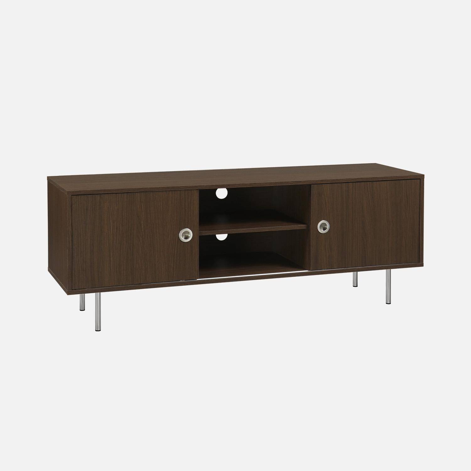 Meuble TV vintage décor bois et acier inoxydable 2 portes coulissantes 140cm noyer - Shelby,sweeek,Photo5