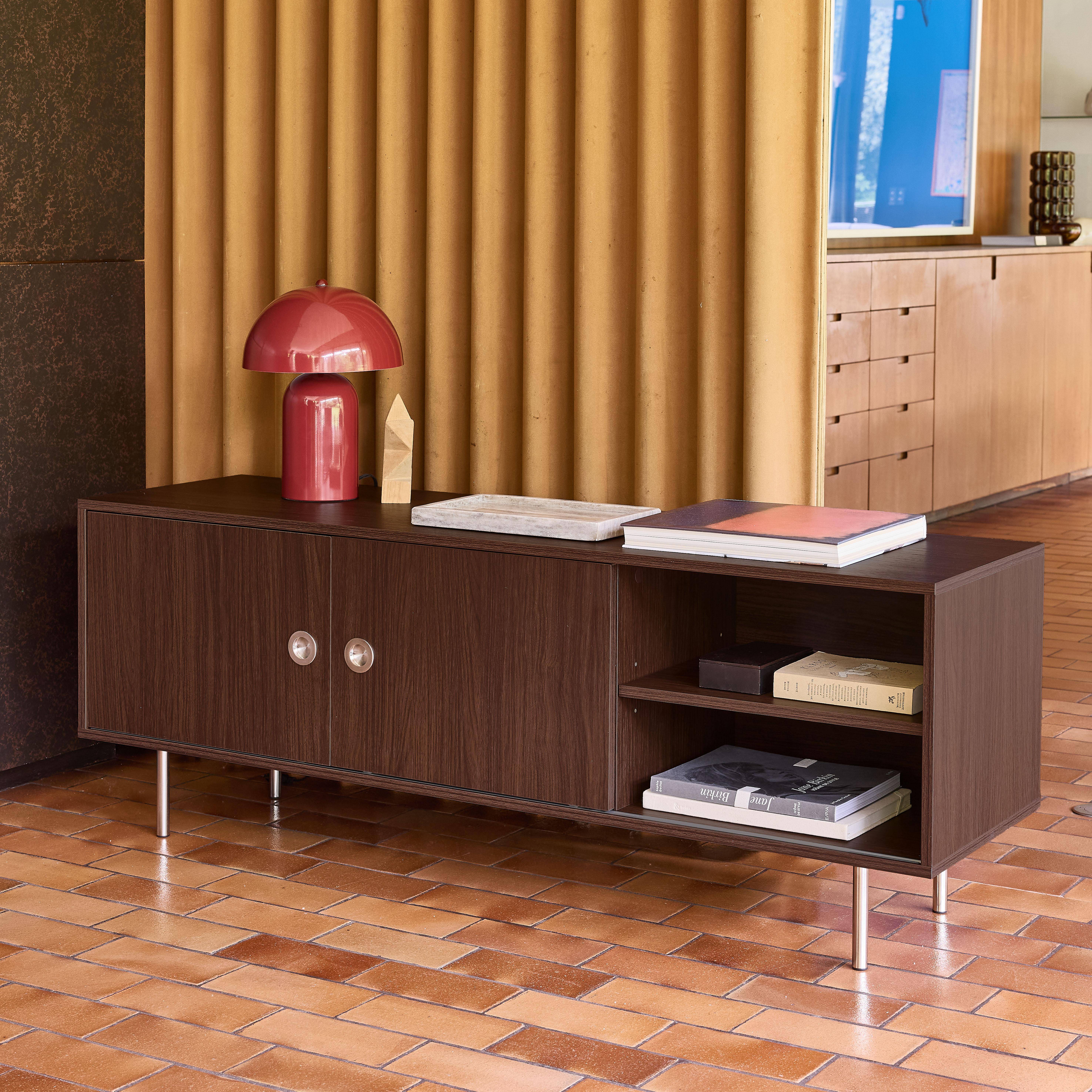 Vintage TV stand with wood decor and stainless steel, 2 doors 140cm walnut - Shelby Photo4