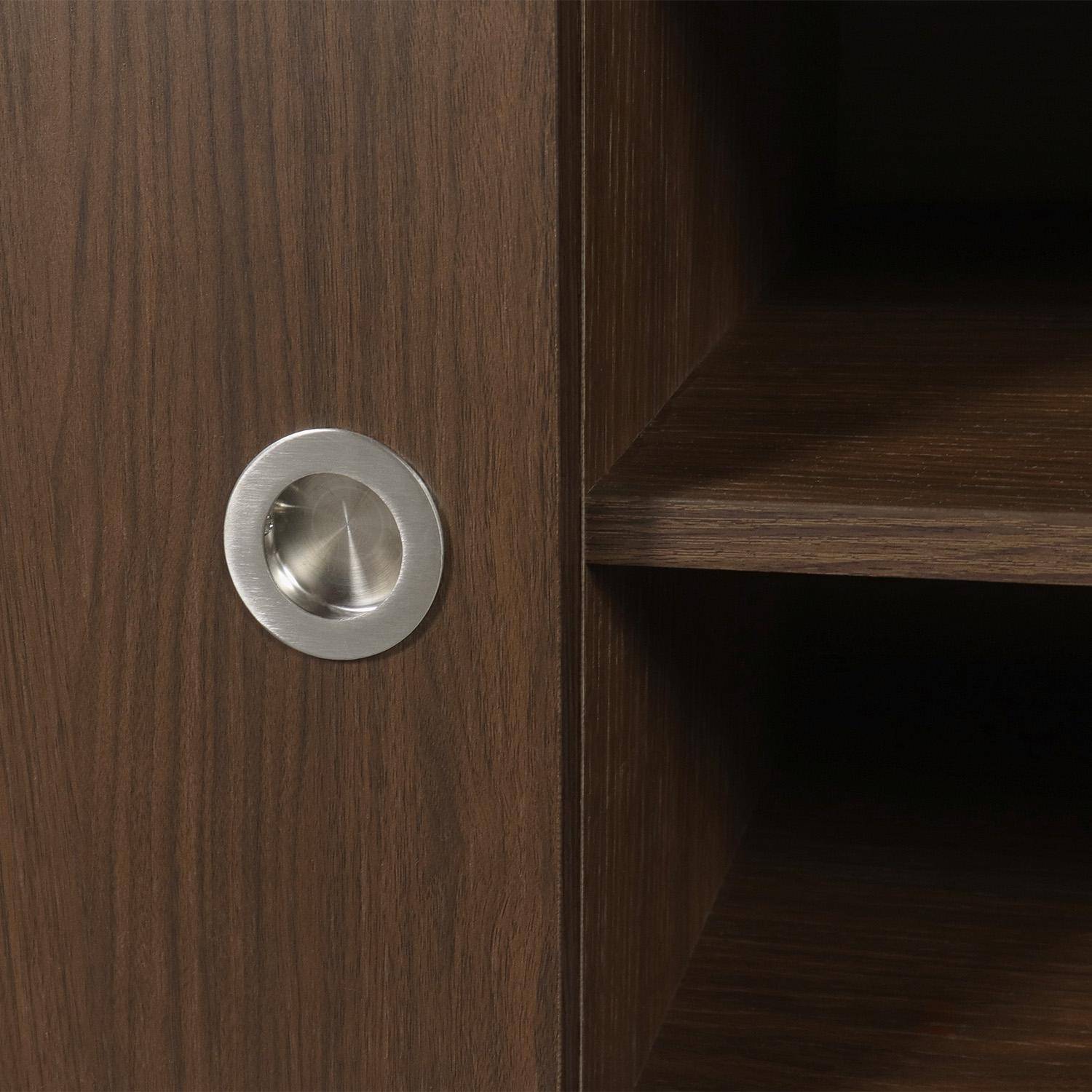 Meuble TV vintage décor bois et acier inoxydable 2 portes coulissantes 140cm noyer - Shelby Photo5