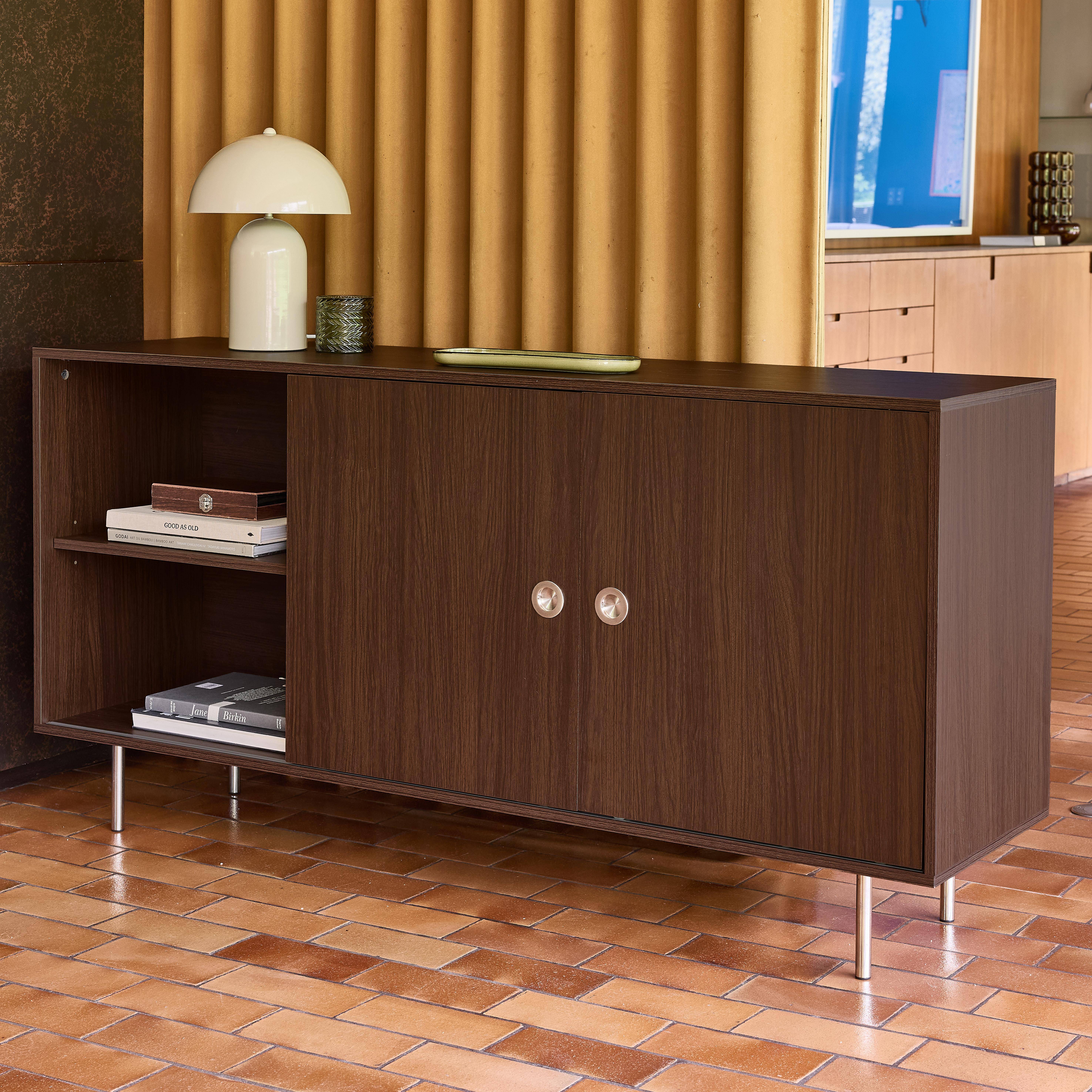 Vintage dressoir 2 schuifdeuren en planken houtdecor en roestvrij staal 150cm walnoot - Shelby Photo4