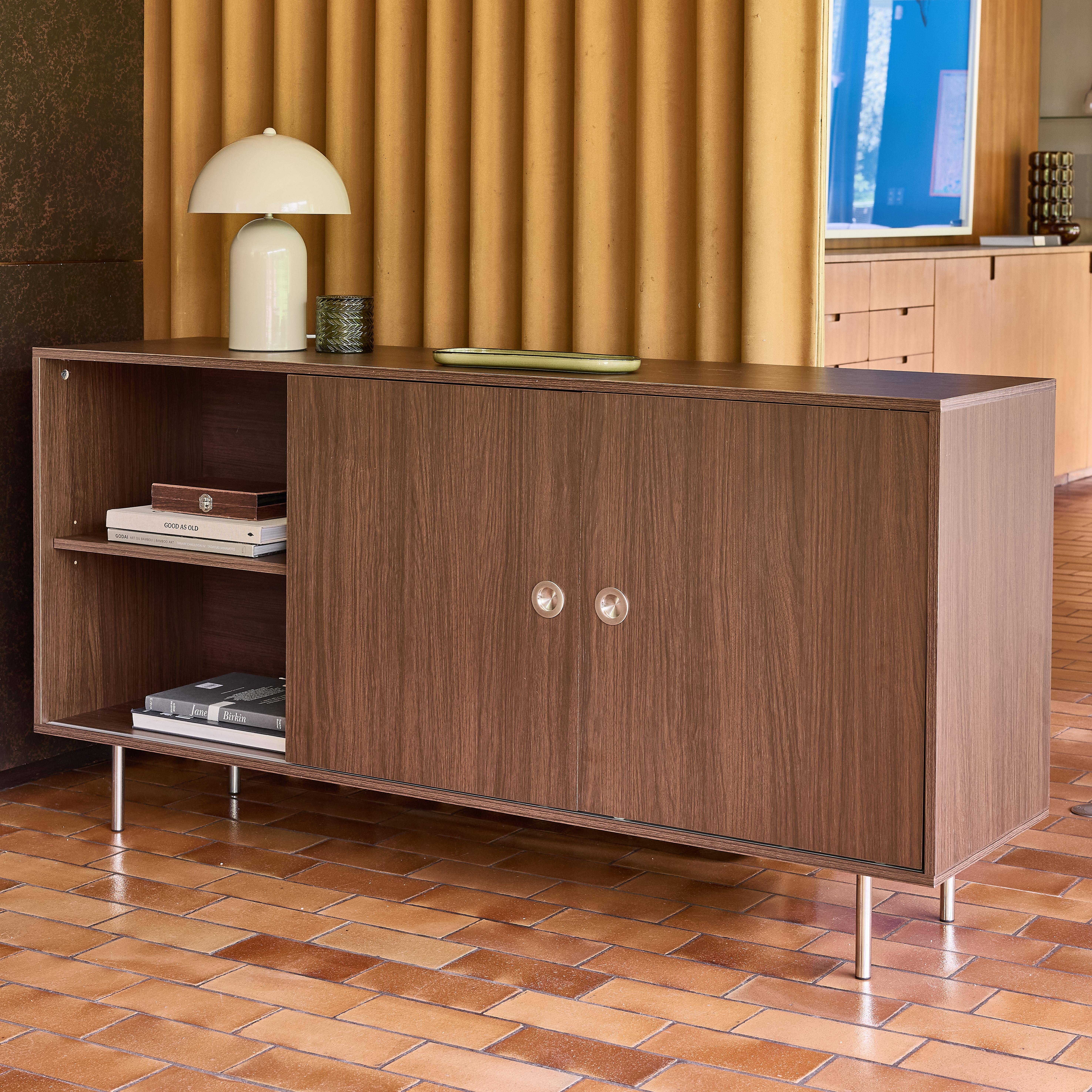 Aparador vintage de madera y acero inoxidable con 2 puertas, 150 cm Nogal - 150x40x75 cm,sweeek,Photo2