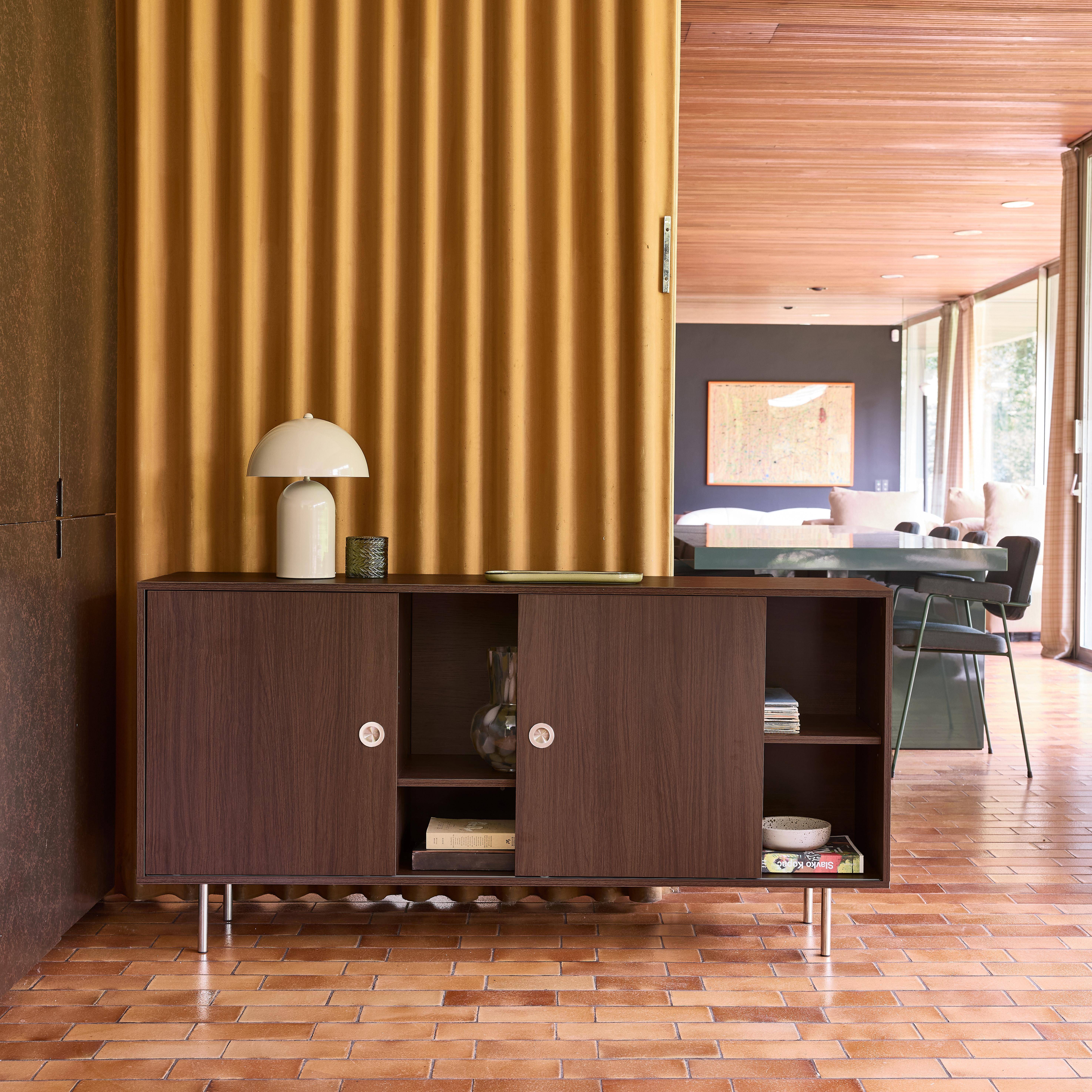 Vintage dressoir 2 schuifdeuren en planken houtdecor en roestvrij staal 150cm walnoot - Shelby,sweeek,Photo2