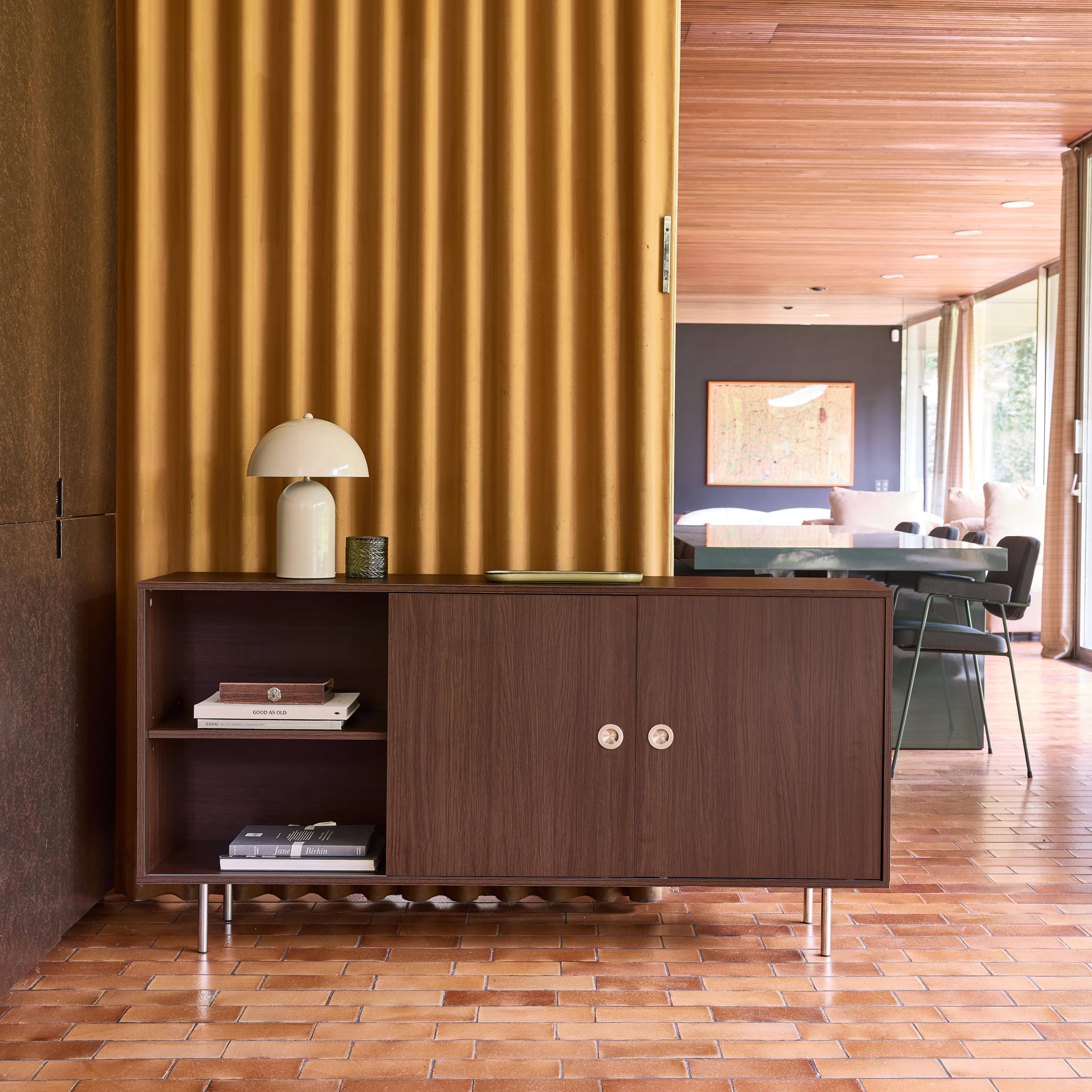 Vintage dressoir 2 schuifdeuren en planken houtdecor en roestvrij staal 150cm walnoot - Shelby,sweeek,Photo1
