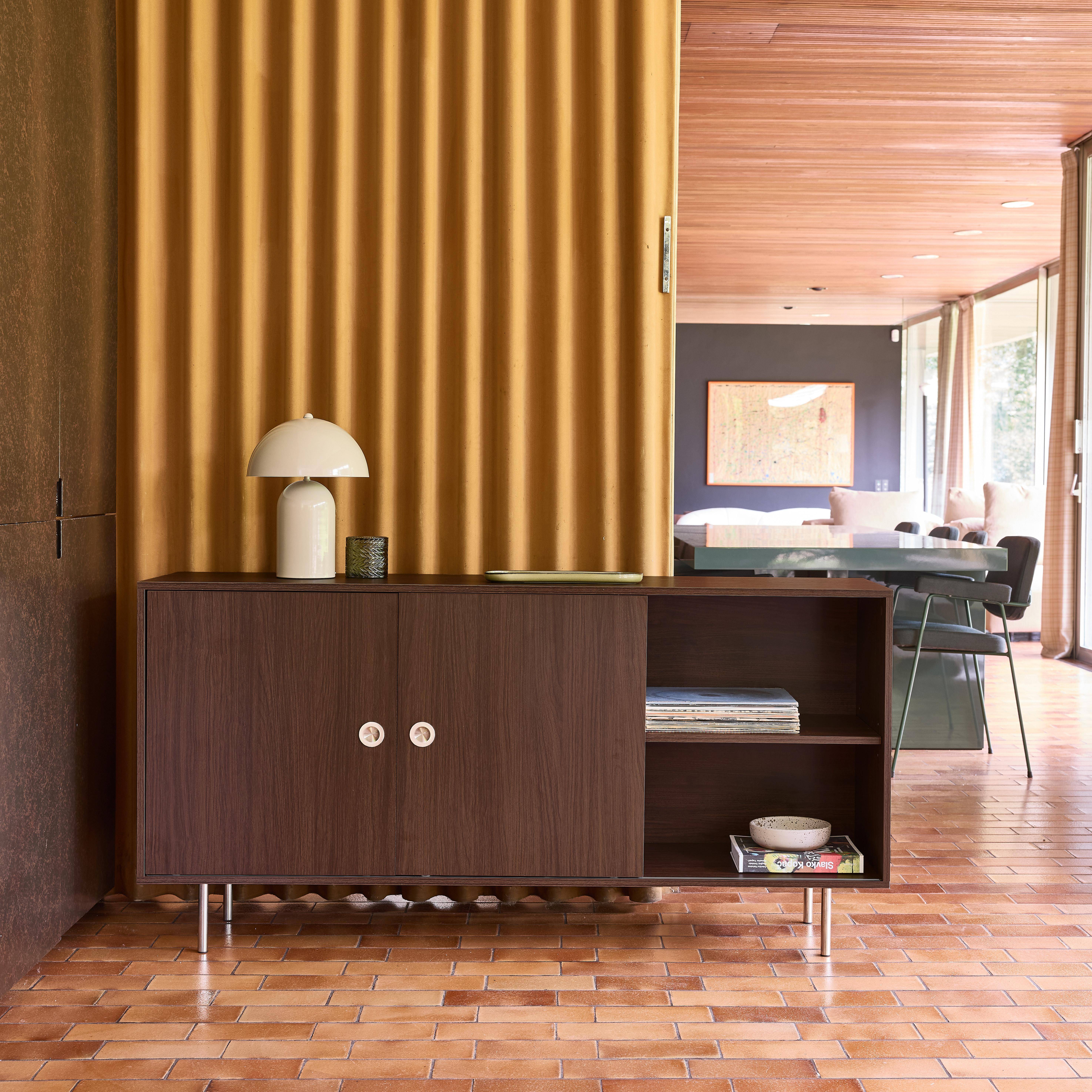 Vintage dressoir 2 schuifdeuren en planken houtdecor en roestvrij staal 150cm walnoot - Shelby,sweeek,Photo5