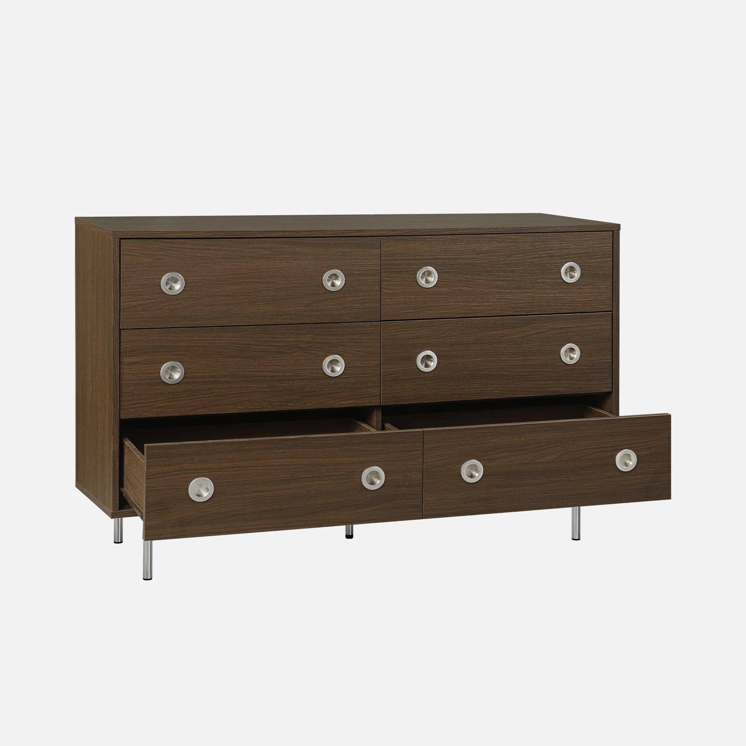 Commode vintage décor bois et acier inoxydable 6 tiroirs noyer - Shelby Photo3