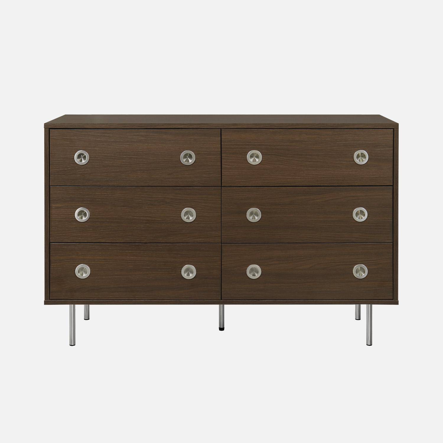 Commode vintage décor bois et acier inoxydable 6 tiroirs noyer - Shelby Photo4