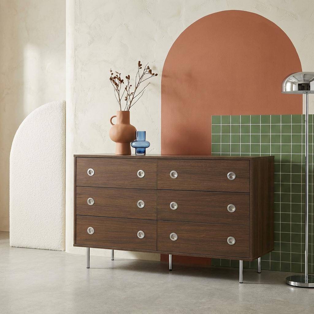 Commode vintage décor bois et acier inoxydable 6 tiroirs noyer - Shelby,sweeek,Photo1
