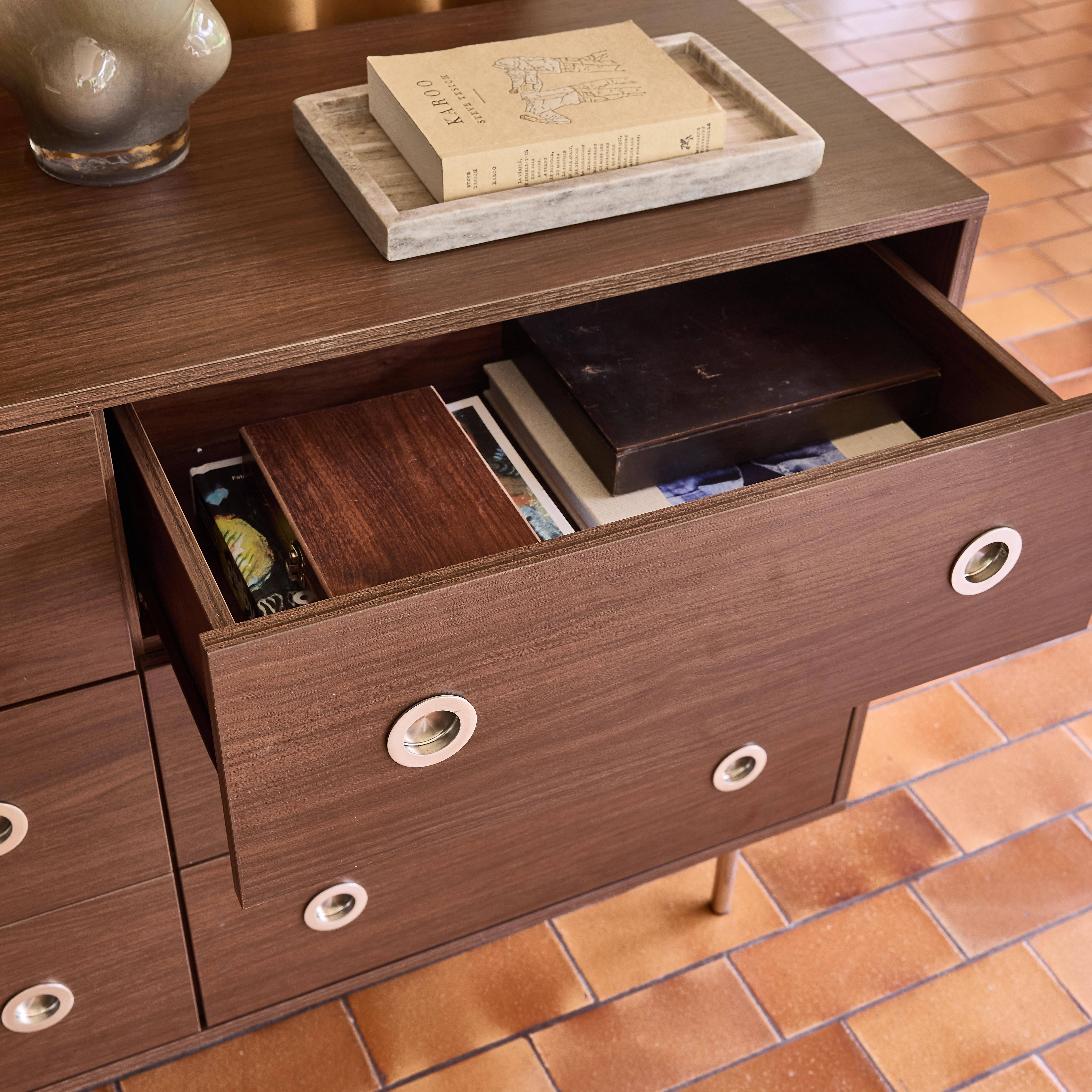 Cassettiera vintage decorata in legno e acciaio inossidabile, 6 cassetti Noce - 120x40x78 cm Photo5