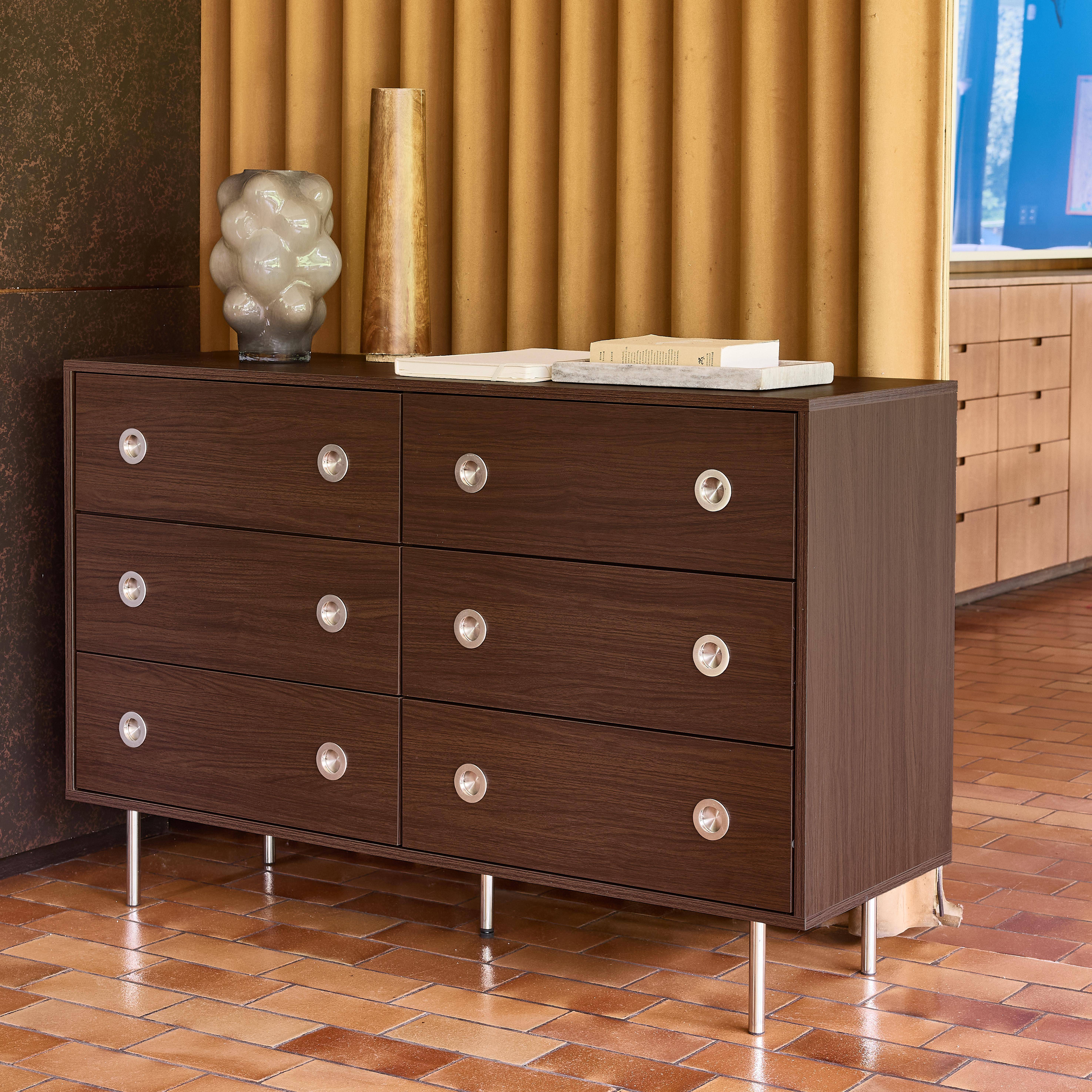 Commode vintage décor bois et acier inoxydable 6 tiroirs noyer - Shelby Photo4