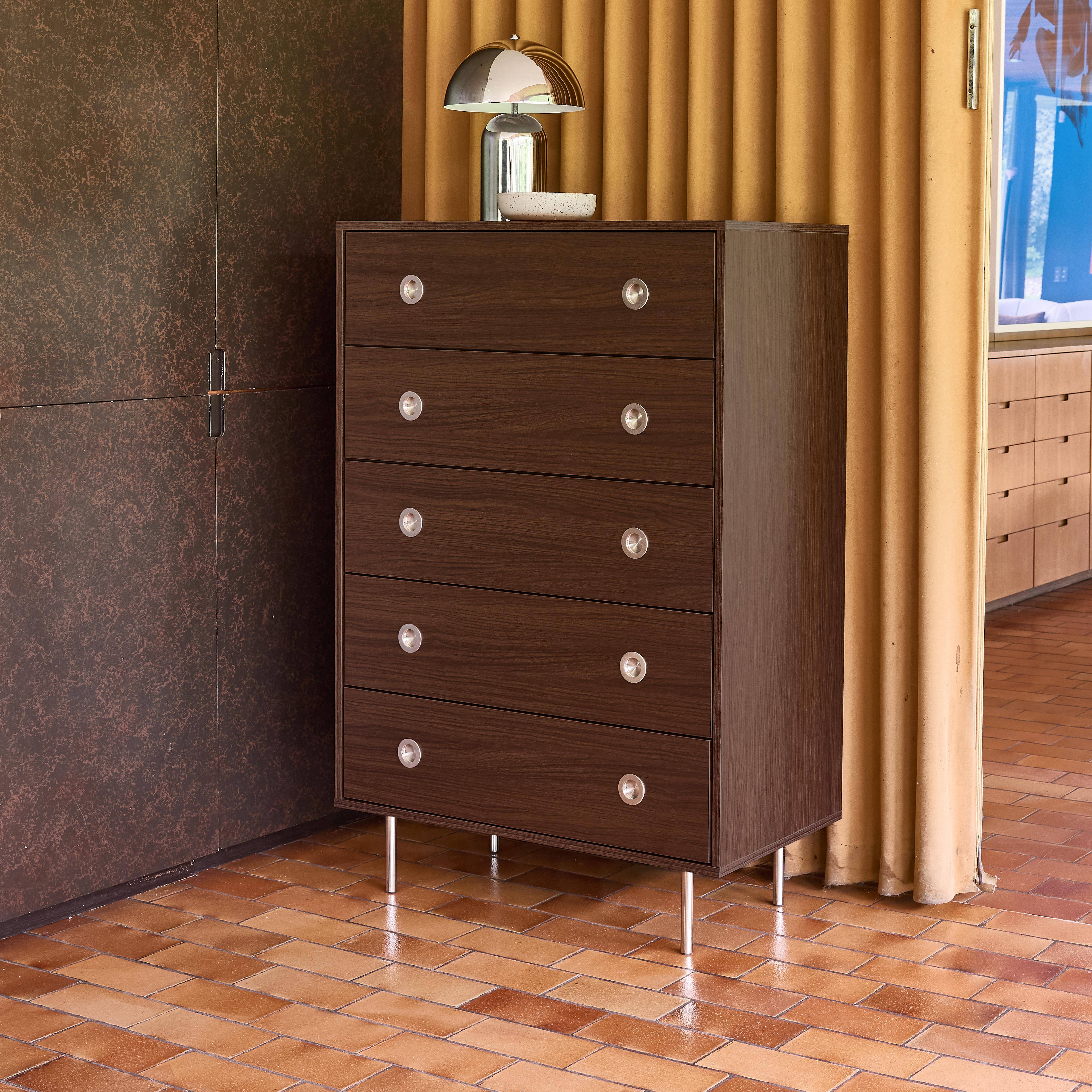 Cassettiera vintage decorata in legno e acciaio inossidabile, 5 cassetti Noce - 80x40x118 cm Photo4