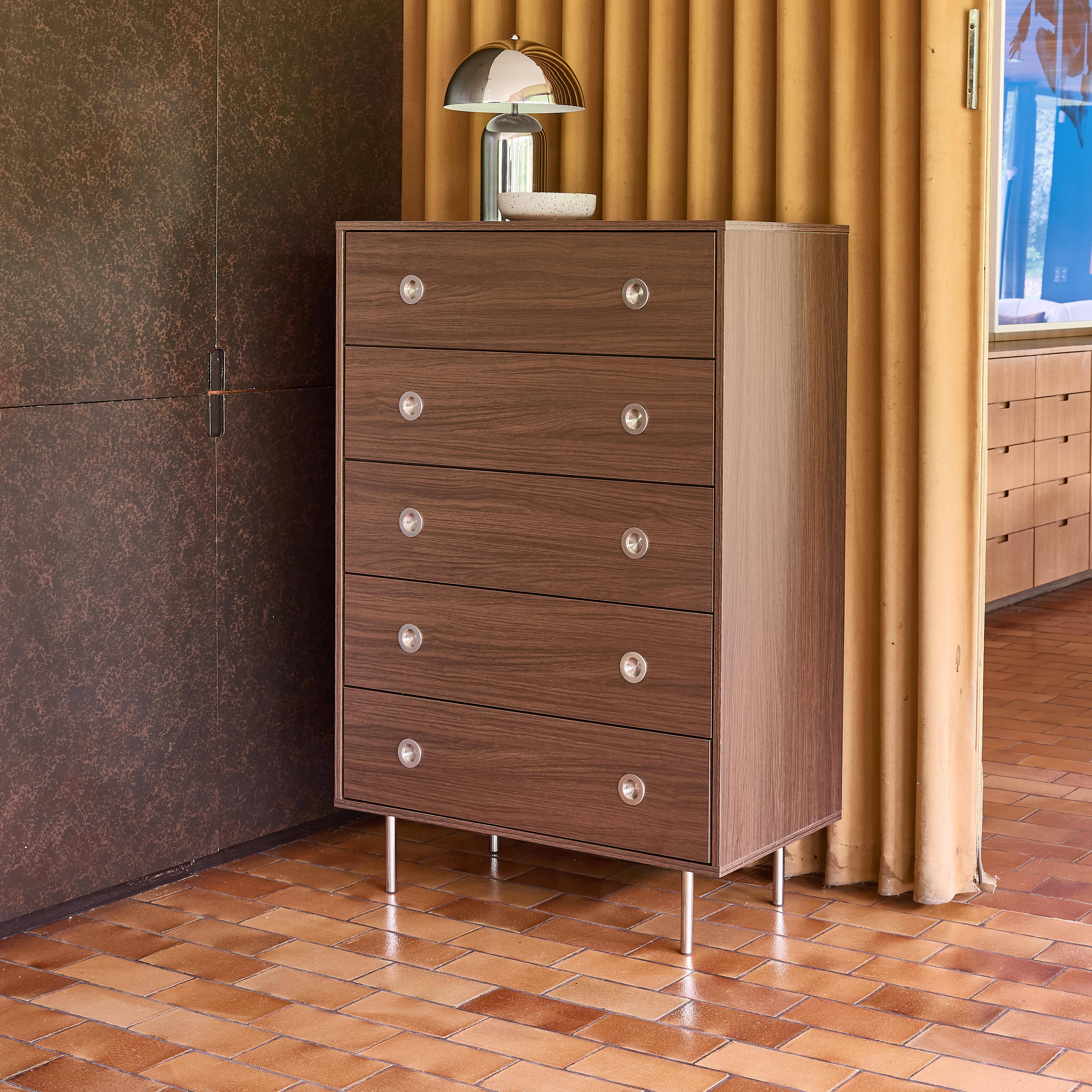 Cassettiera vintage decorata in legno e acciaio inossidabile, 5 cassetti Noce - 80x40x118 cm Photo4