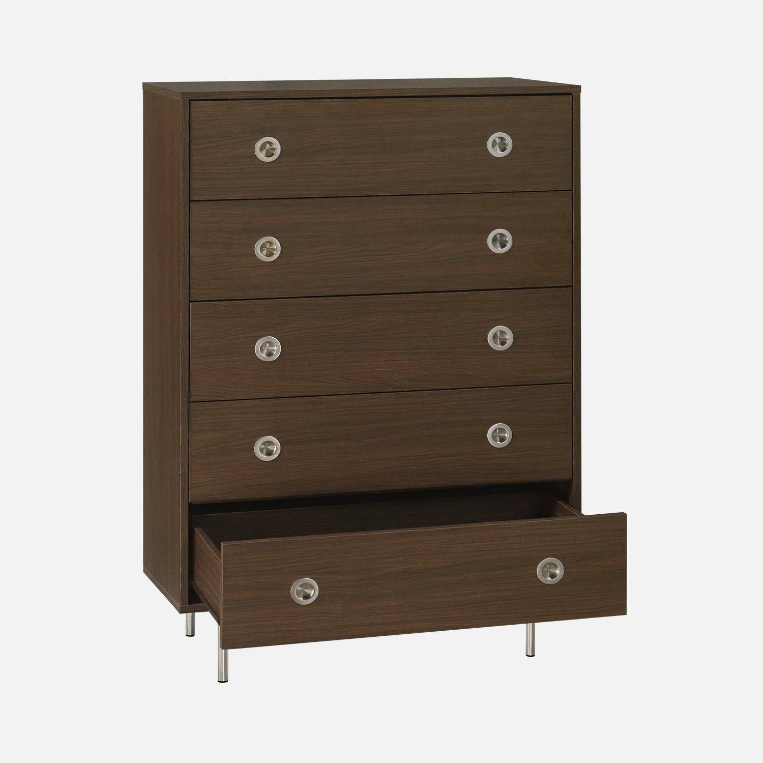 Commode vintage décor bois et acier inoxydable 5 tiroirs noyer - Shelby Photo2