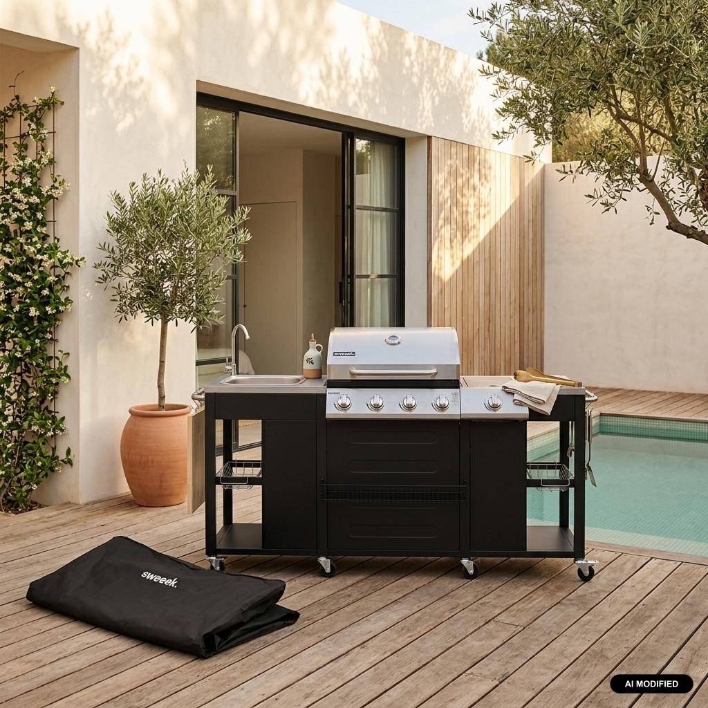 Barbacoa de gas con 4 quemadores + 1 fuego lateral, cocina exterior con fregadero y funda Negro - 208.5x63x147.5 cm Photo1