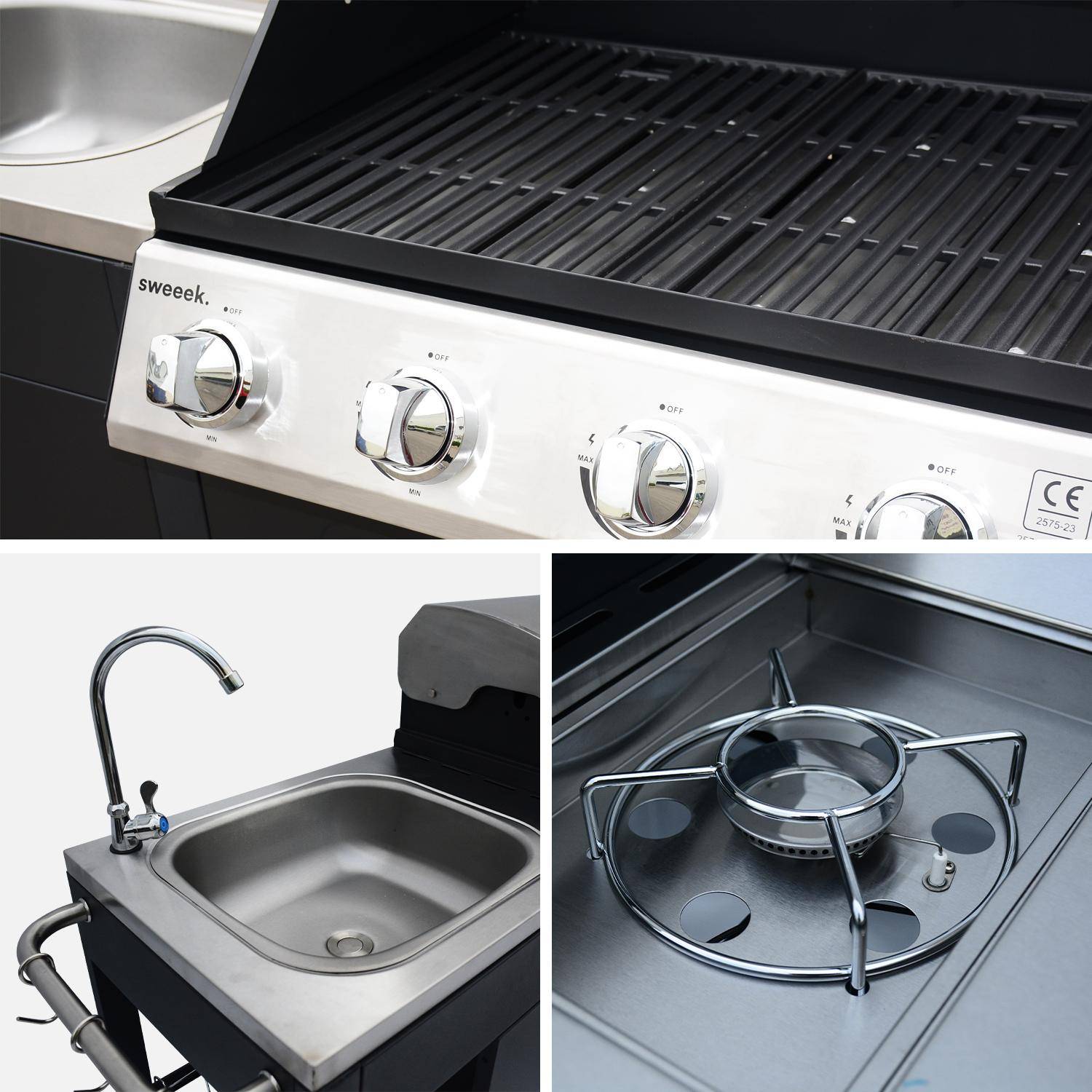 Barbacoa de gas con 4 quemadores + 1 fuego lateral, cocina exterior con fregadero y funda Negro - 208.5x63x147.5 cm,sweeek,Photo5
