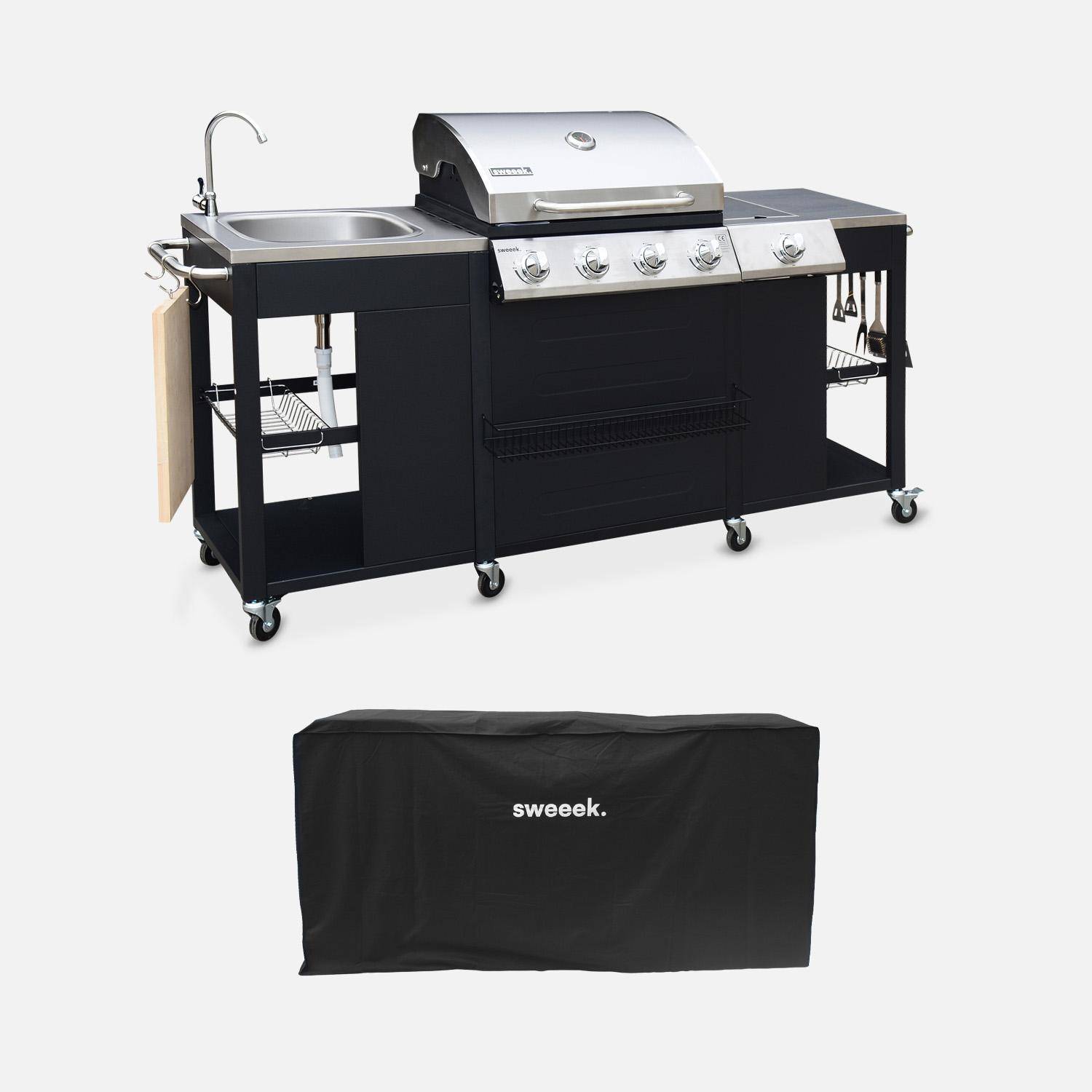 Barbacoa de gas con 4 quemadores + 1 fuego lateral, cocina exterior con fregadero y funda Negro - 208.5x63x147.5 cm,sweeek,Photo2