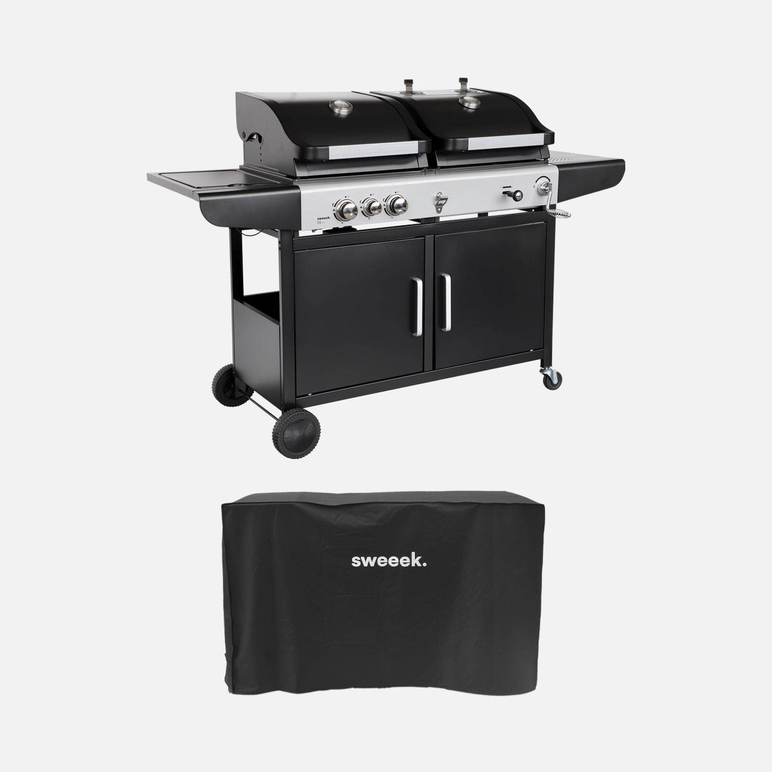 Barbecue 2 en 1 gaz et charbon, 3 brûleurs + 1 feu latéral, grill et fumoir avec tablettes et housse,sweeek,Photo3