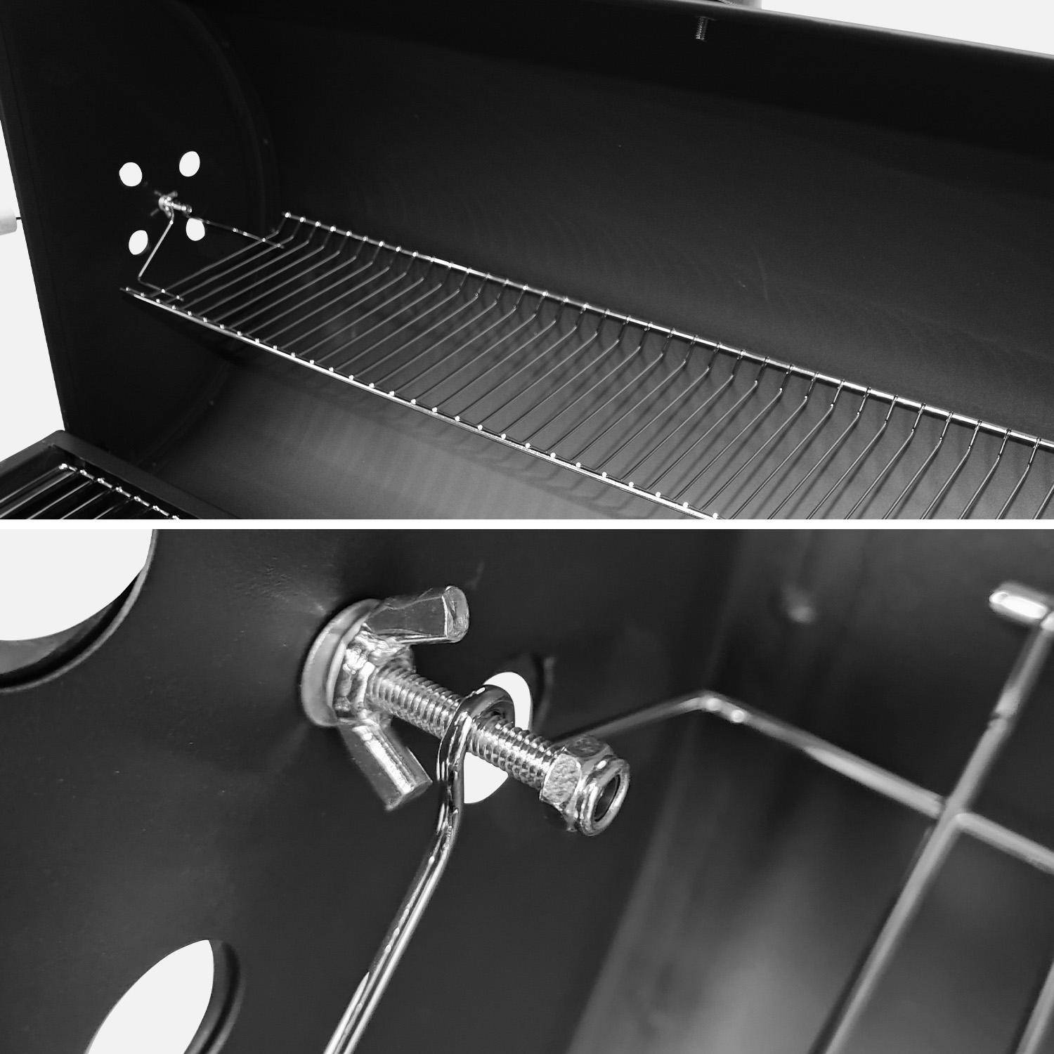 Barbacoa de carbón, parrilla y ahumador americano, ruedas y estantes abatibles con funda Negro - 115x75x122 cm Photo4