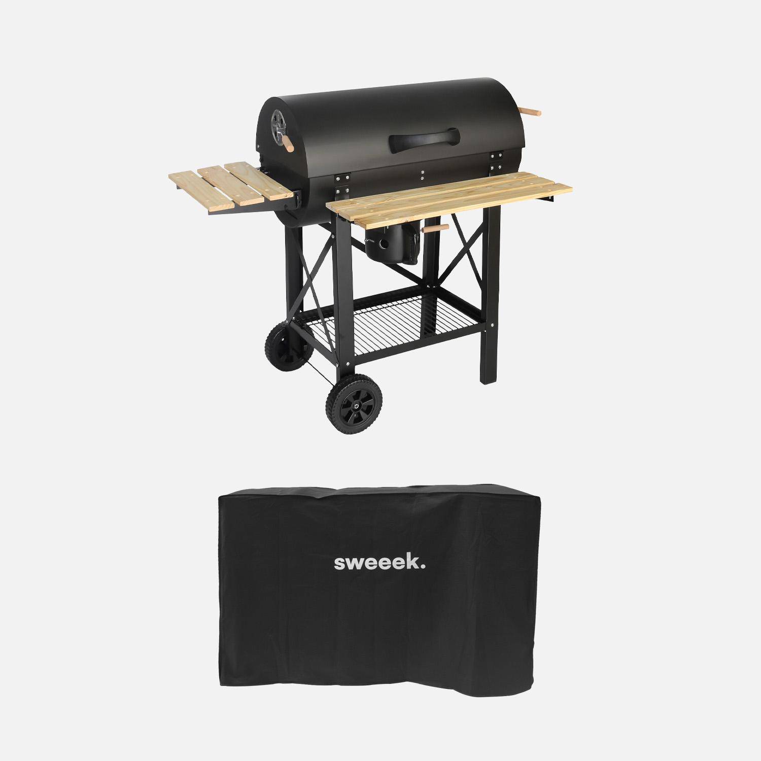 Barbacoa de carbón, parrilla y ahumador americano, ruedas y estantes abatibles con funda Negro - 115x75x122 cm Photo1