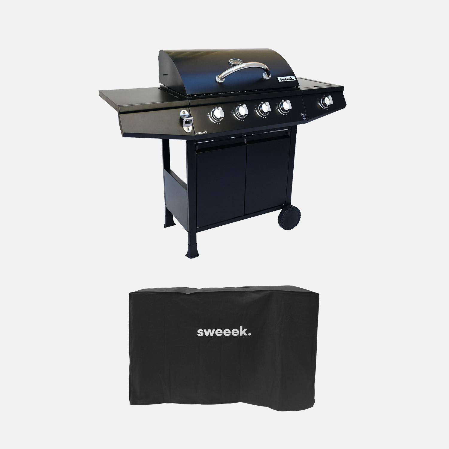 Barbacoa de gas con 4 quemadores + 1 quemador lateral con ruedas, estantes, termómetro y funda Negro - 125x43.5x103 cm Photo1