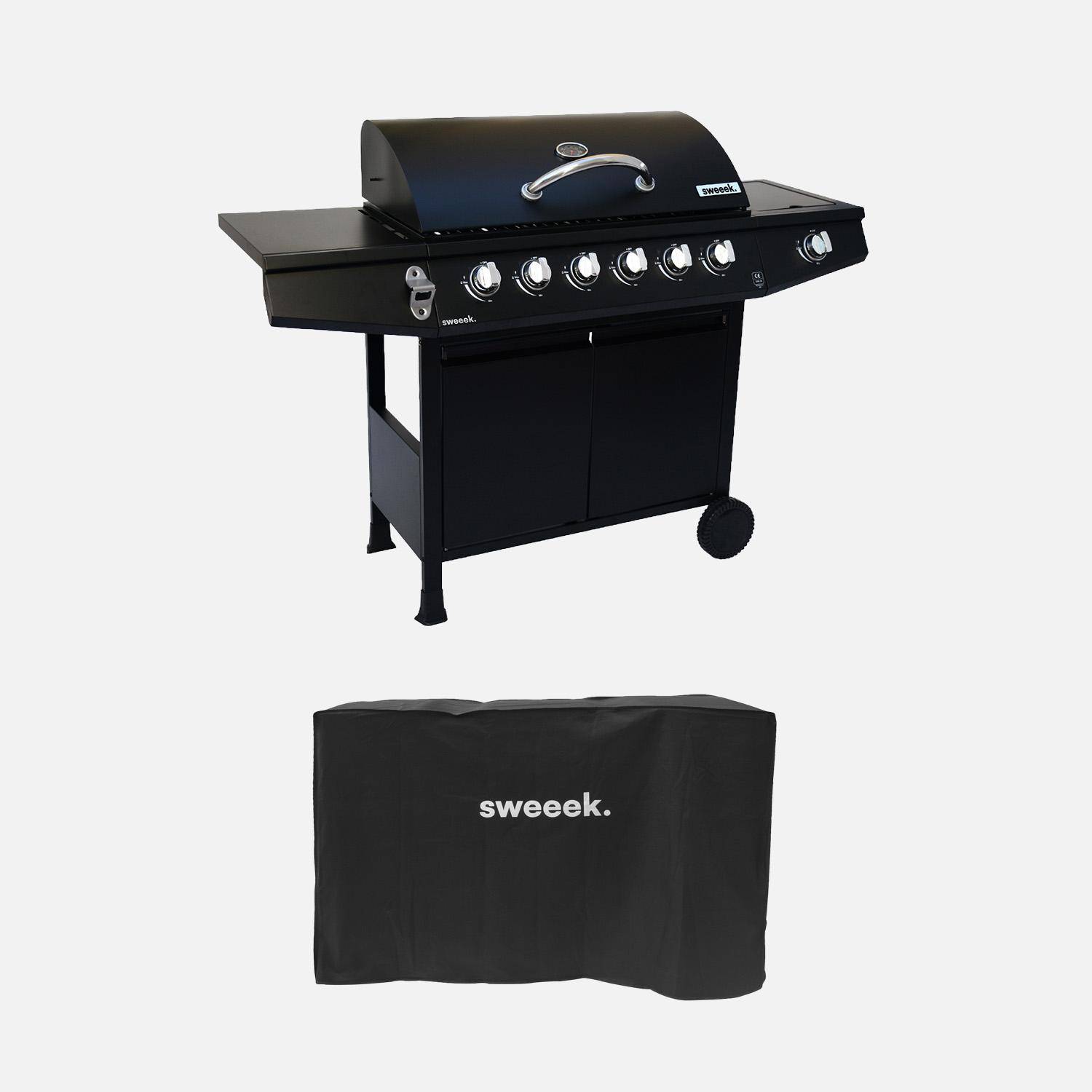 Barbacoa de gas con 6 quemadores + 1 quemador lateral con ruedas, estantes, termómetro y funda Negro - 137.5x43.5x103 cm Photo1