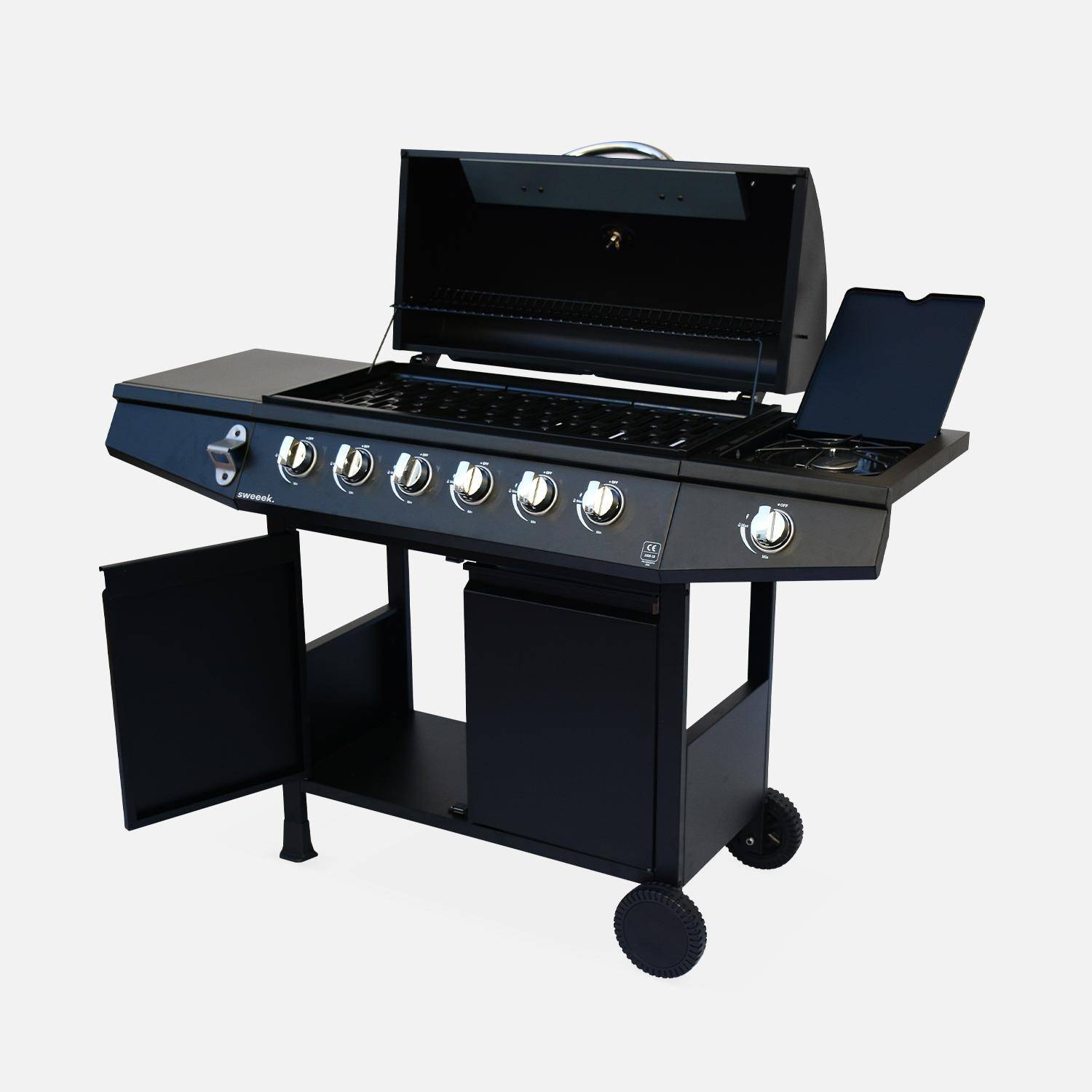 Barbacoa de gas con 6 quemadores + 1 quemador lateral con ruedas, estantes, termómetro y funda Negro - 137.5x43.5x103 cm,sweeek,Photo2