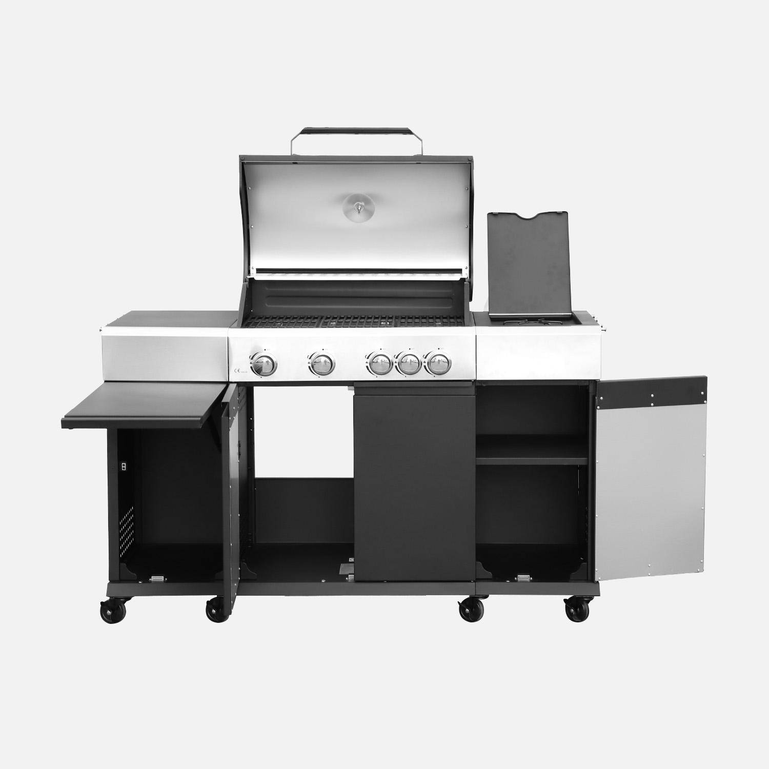 Barbacoa de gas con 4 quemadores, 1 fuego lateral, cocina exterior con estantes, termómetro y funda Negro - 145.5x52x112.5 cm Photo3