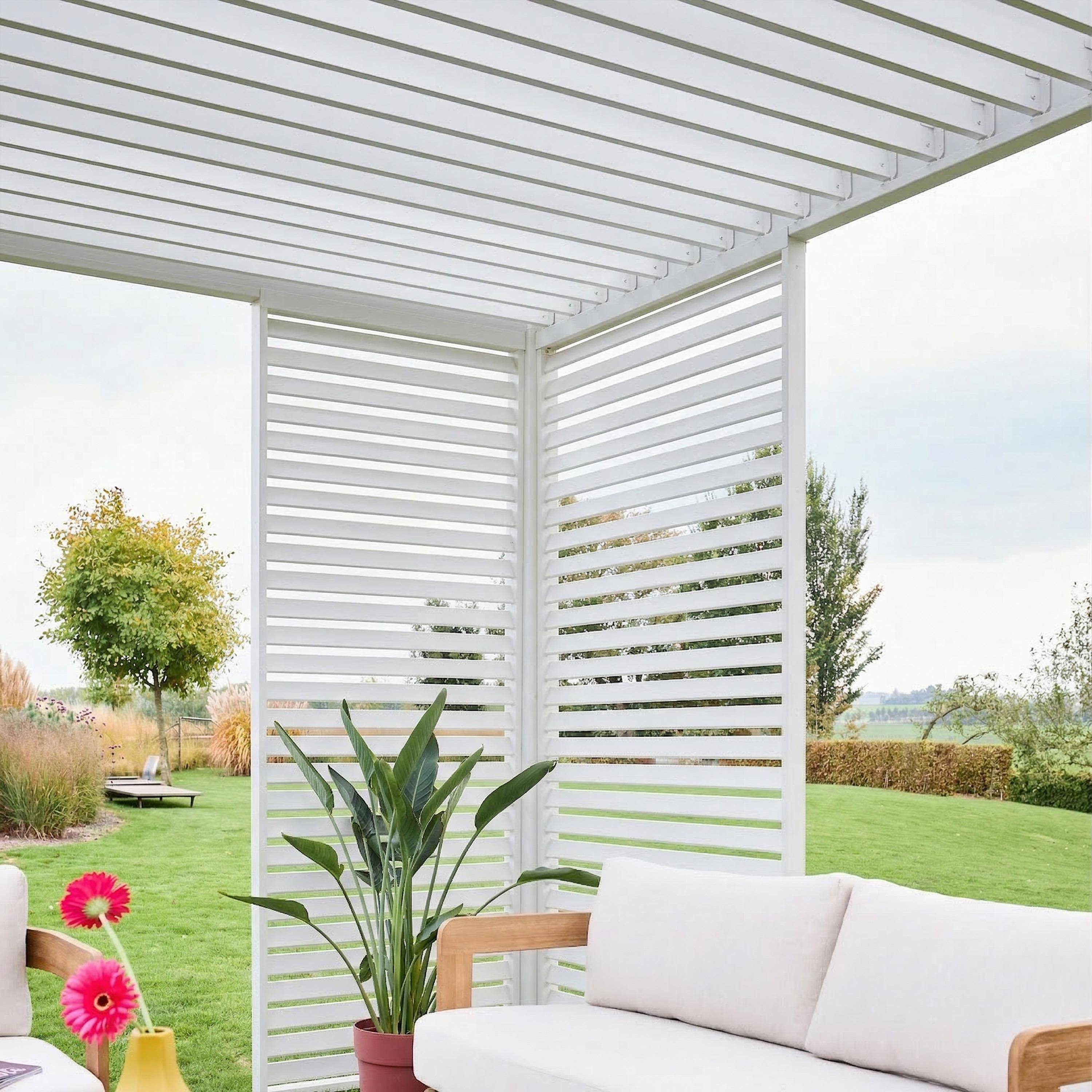 Pergola met lamellendak 4x3m aluminium en 1 lamellenwand 100cm en 1 lamellenwand 130cm wit - Triomphe Photo2