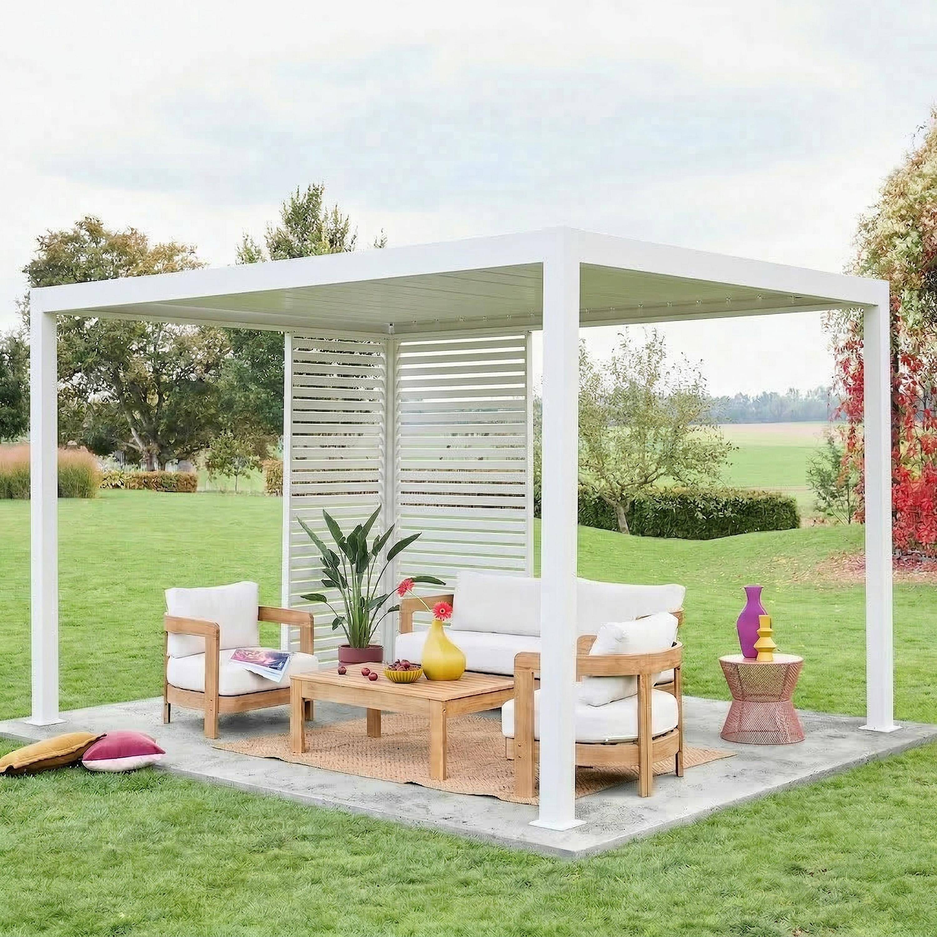 Pergola met lamellendak 4x3m aluminium en 1 lamellenwand 100cm en 1 lamellenwand 130cm wit - Triomphe,sweeek,Photo1