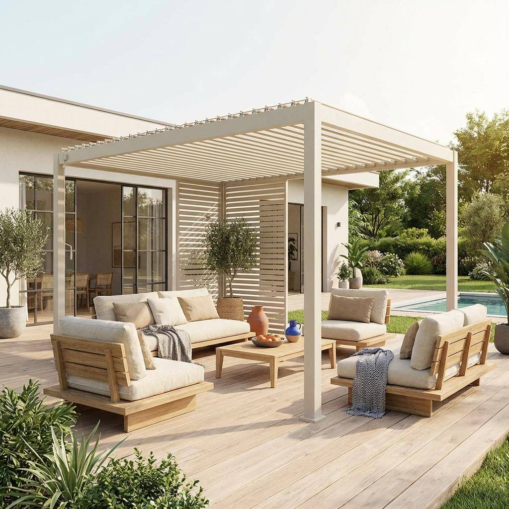 Pergola met lamellendak 4x3m aluminium en 1 lamellenwand 100cm en 1 lamellenwand 130cm beige - Triomphe,sweeek,Photo1