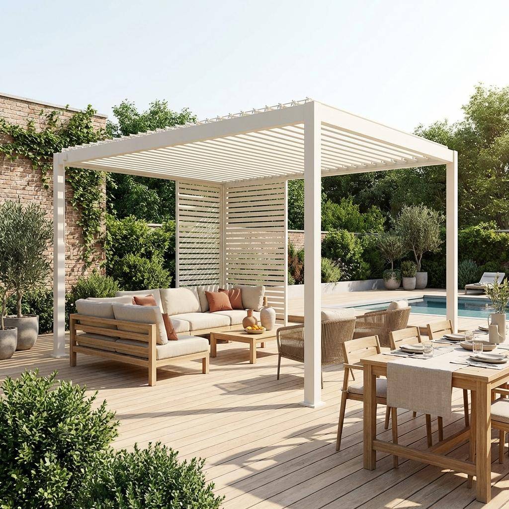 Pergola met lamellendak 4x3m aluminium en 1 lamellenwand 100cm en 1 lamellenwand 130cm beige - Triomphe Photo1
